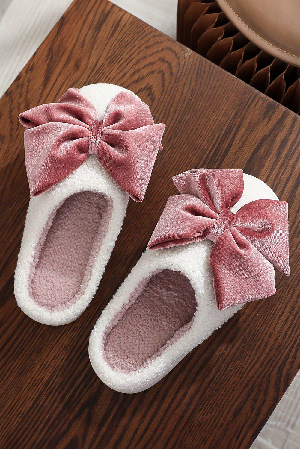 Ribbon Bow Decor Contrast Liner Plush Slippers - eAura