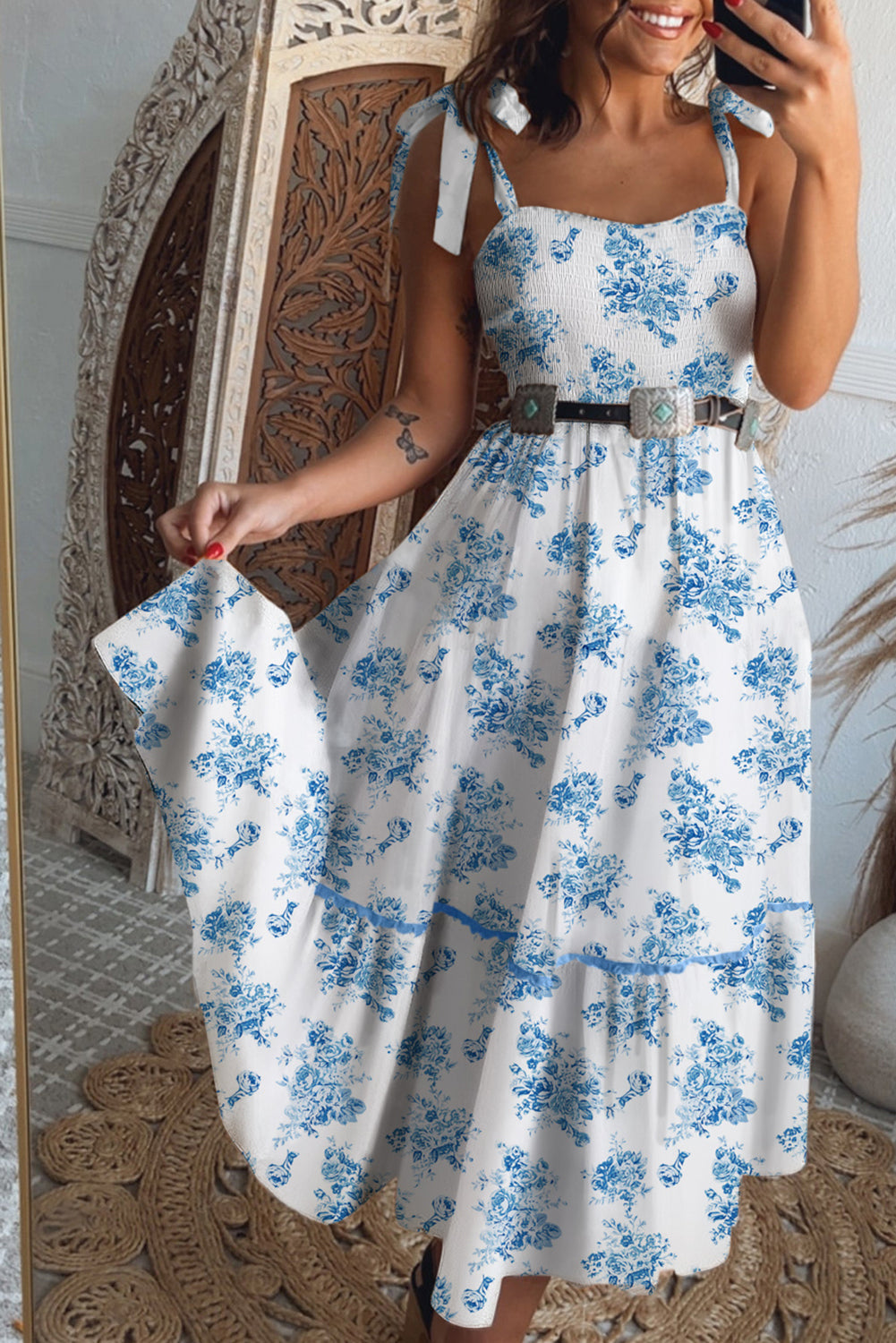 Sky Blue Floral Print Shirred Knot Shoulder Sleeveless Long Dress eAura