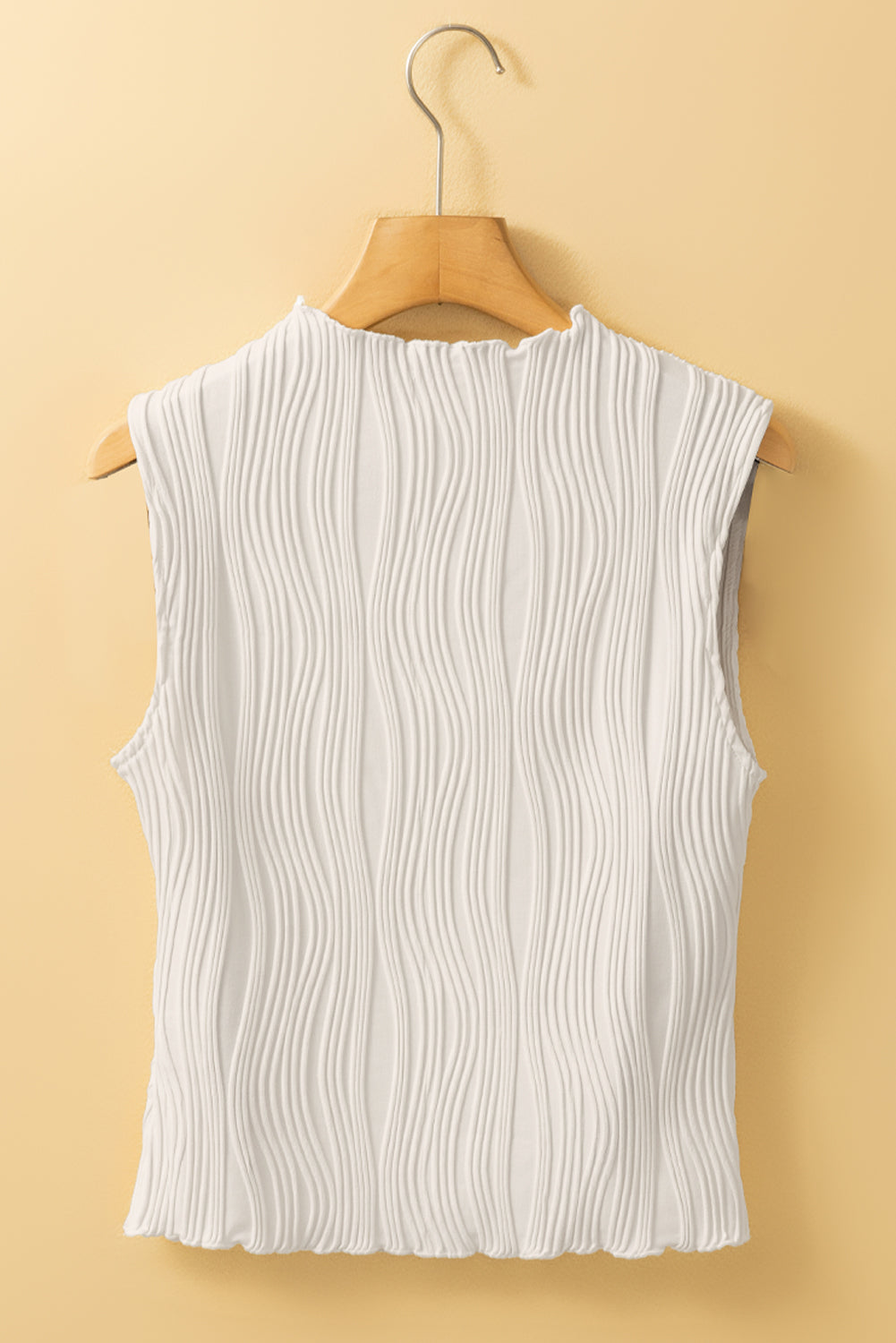 White Solid Colour Wavy Textured Round Neck Sleeveless Top - eAura
