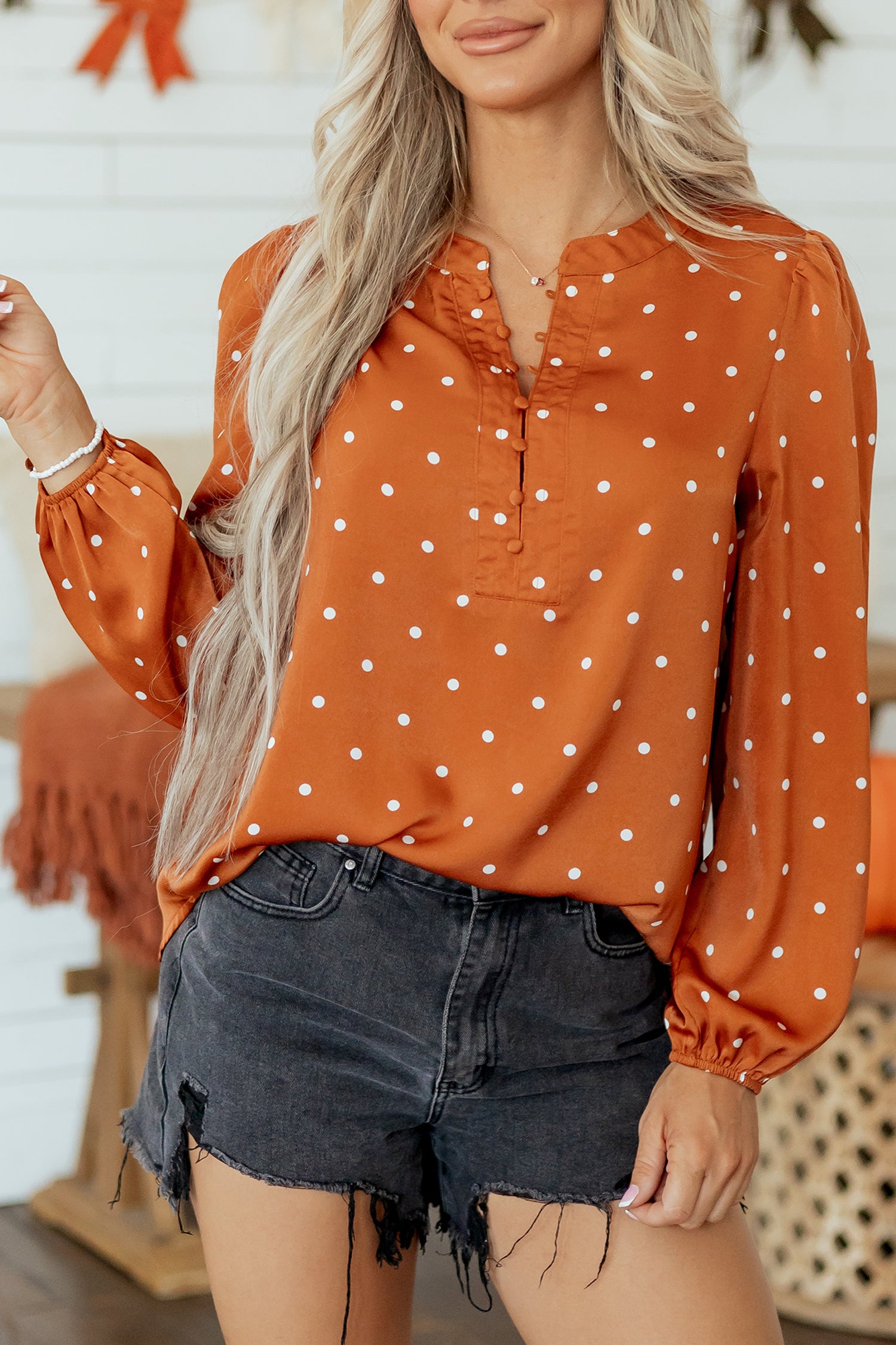 Polka Dot Half Button V Neck Long Sleeve Blouse – Brown