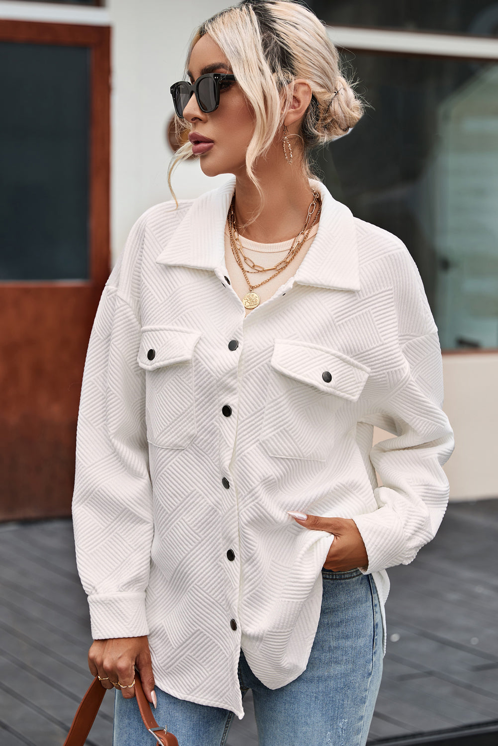 Solid Textured Flap Pocket Buttoned Shacket eAura