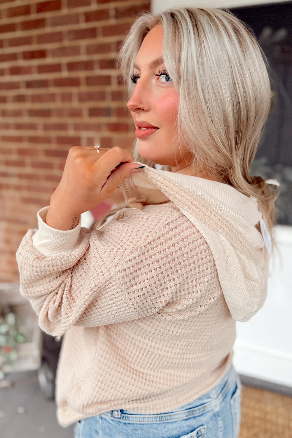 Waffle Patchwork Drop Shoulder Hooded Long Sleeve Top - eAura
