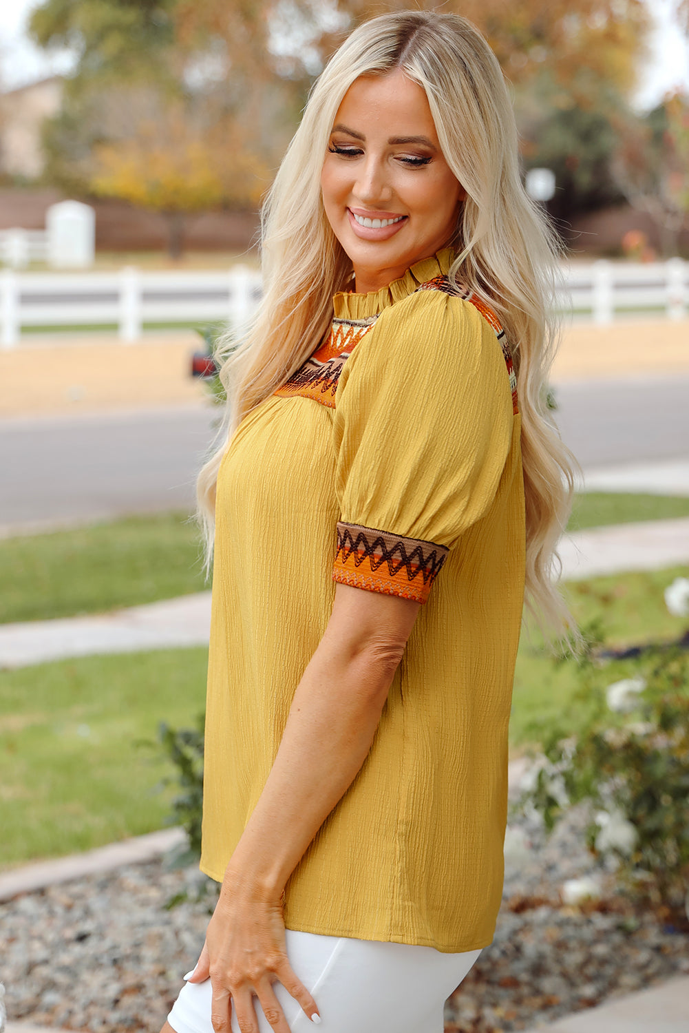 Mustard Geometric Short Puff Sleeve Frilled Collar Blouse eAura