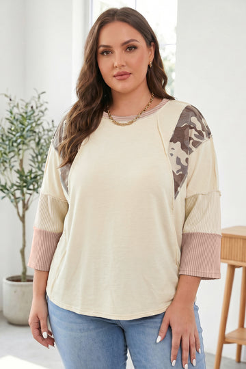 Apricot Camouflage Panel Twist Rib Sleeve Round Neck Loose Fit Plus Size Blouse – Beige