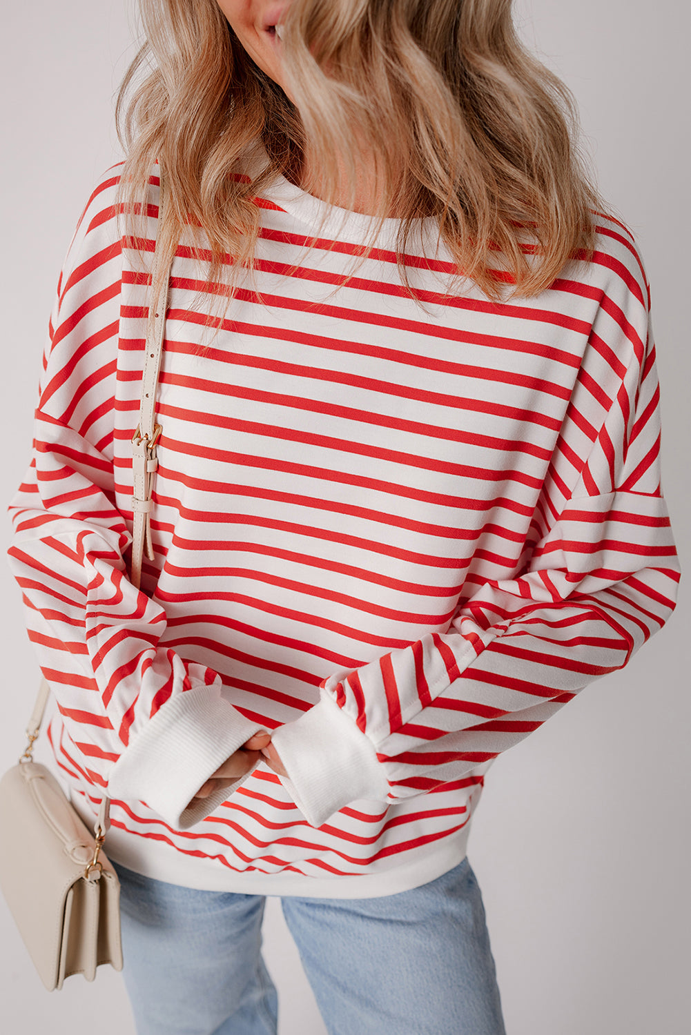 Orange Stripe Drop Shoulder Crew Neck Loose Sweatshirt eAura
