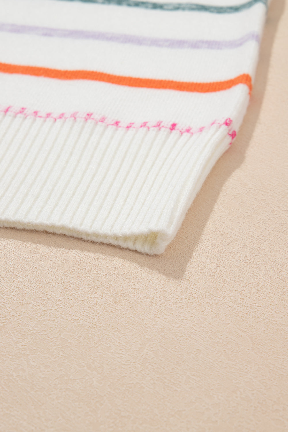 White Colourful Striped Ribbed Trim Sweater eAura