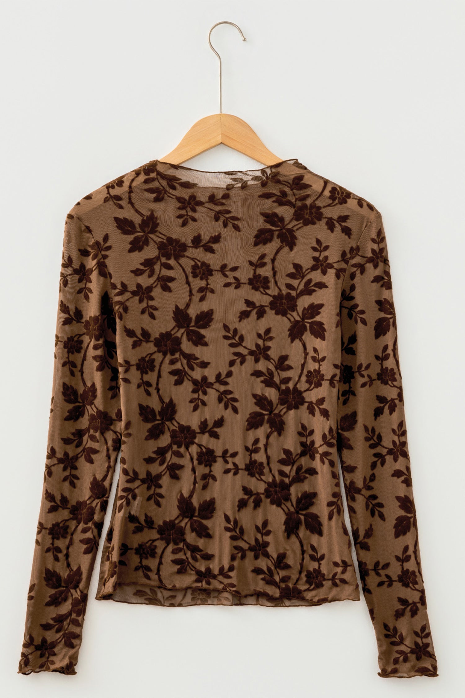 Floral Mesh Long Sleeve Round Neck Casual Sheath Top – Apricot