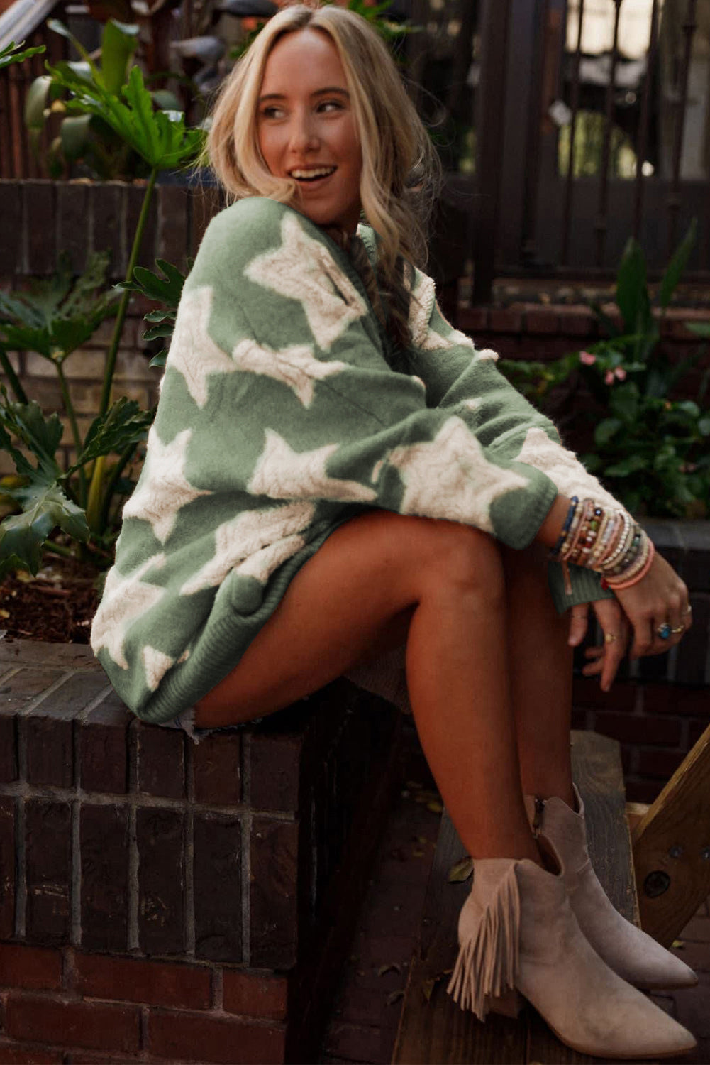 Green Sherpa Star Pattern Textured Sweater Cardigan with Pockets eAura