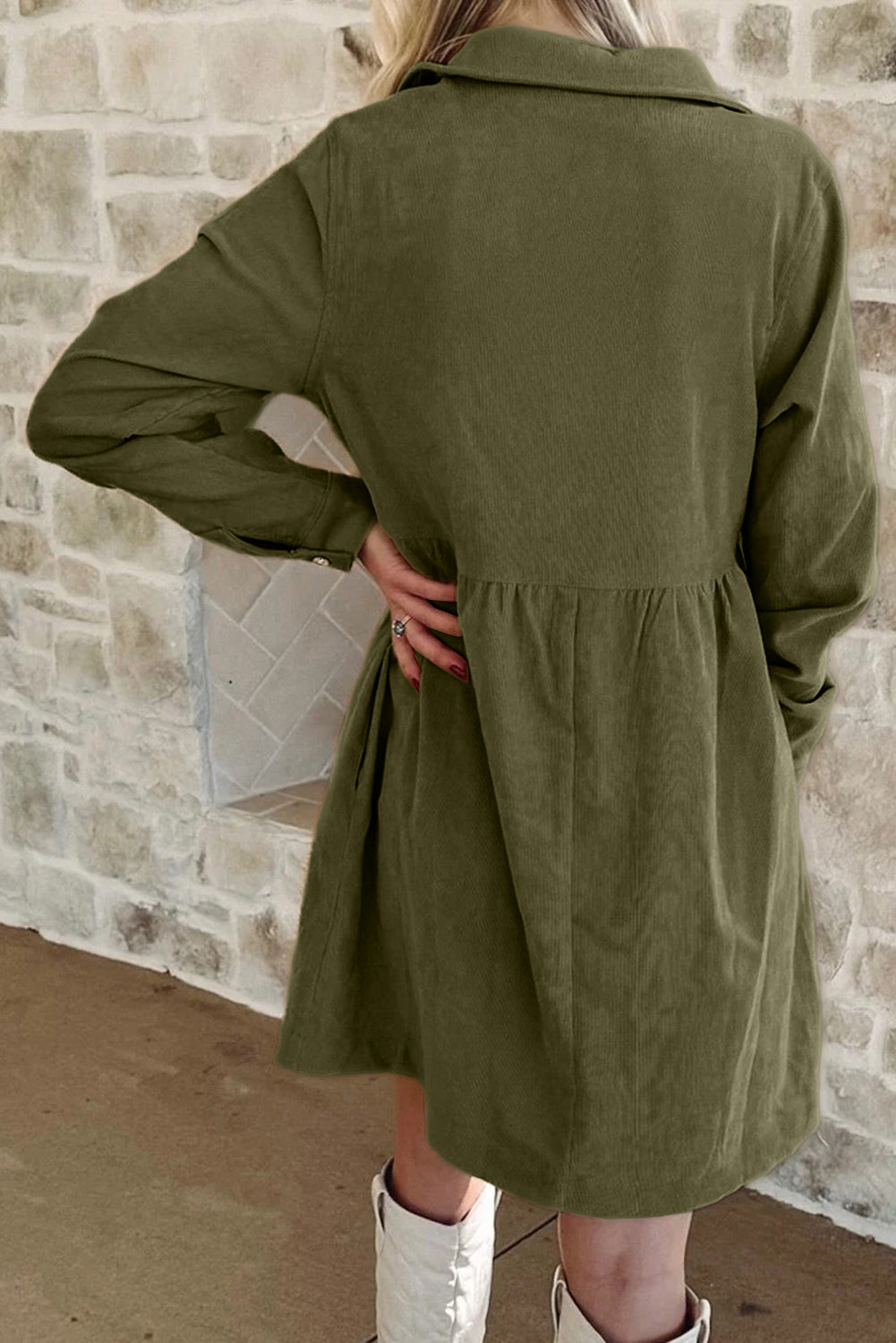Soft Corduroy Half Button Collared Long Sleeve Mini Dress - eAura
