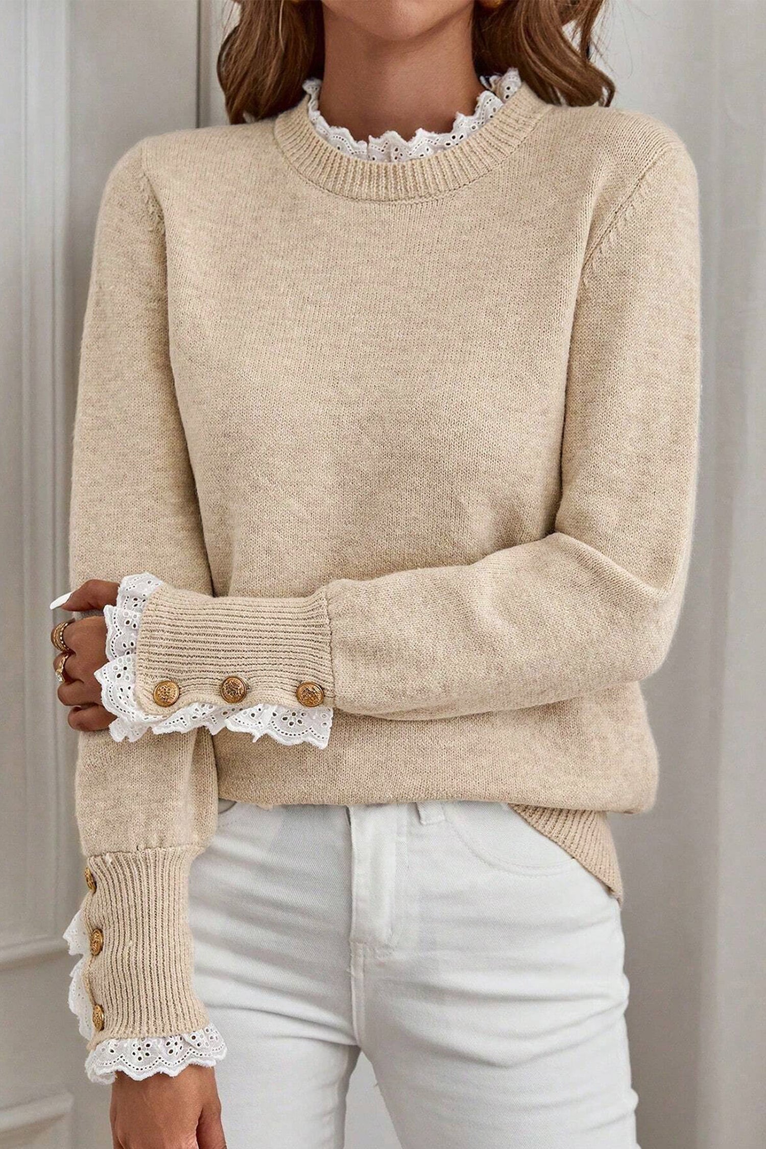 Lace Trim Sweater Patchwork Buttoned Cuffs Loose Sweater - eAura