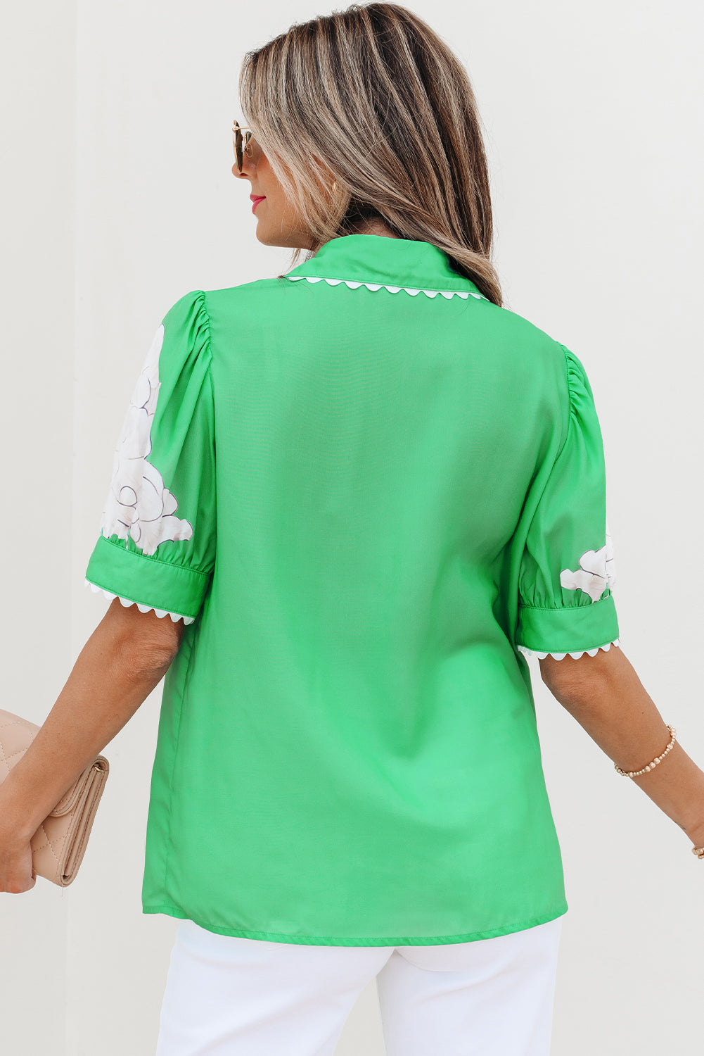 Green Floral Ric Rac Edge Puff Short Sleeve Shirt eAura