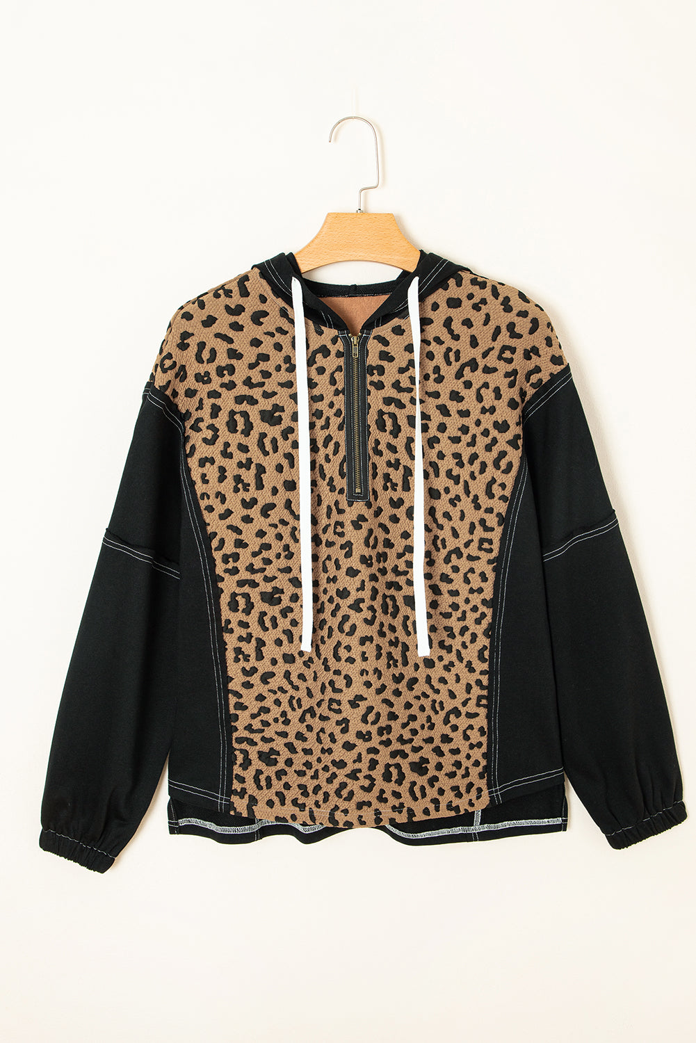 Leopard Patchwork Contrast Stitching Knotted Cuff Quarter Zip Hoodie - eAura