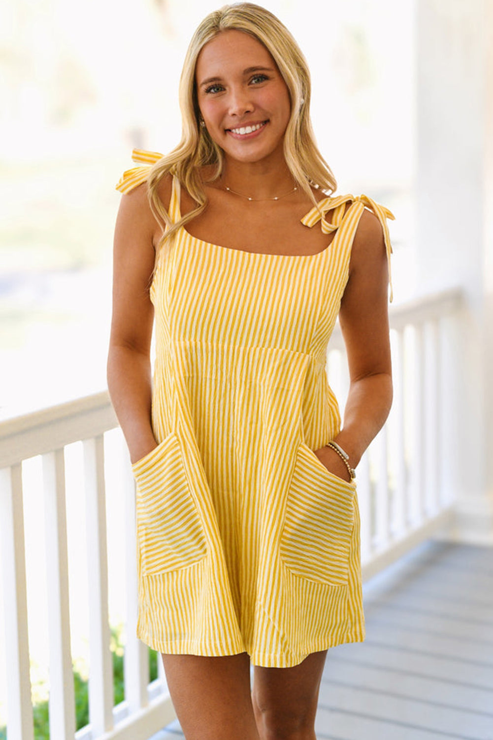Yellow Stripe Shoulder Tie Smocked Back Wide Leg Casual Romper Dear-Lover Dropshipping
