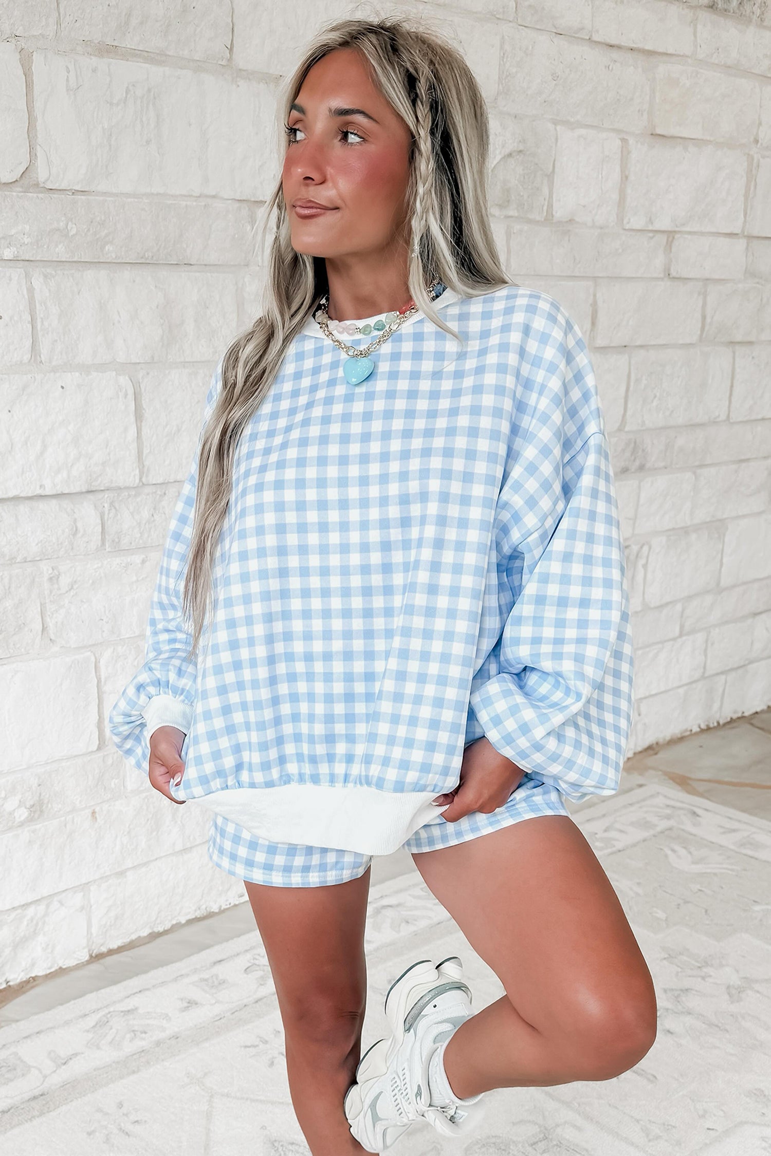 Plaid Baggy Pullover Drawstring Casual Shorts 2pcs Outfit – Pink