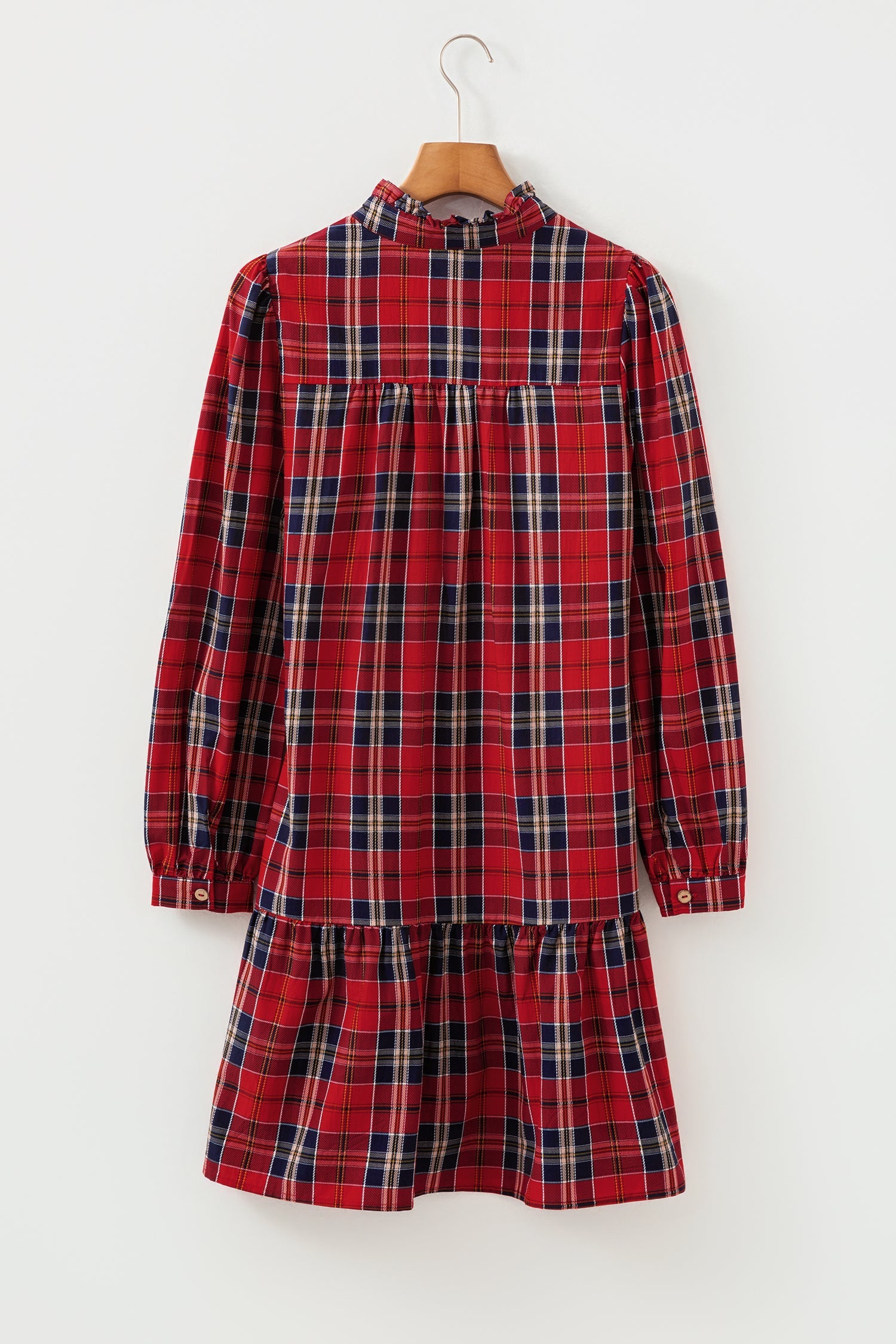 Plaid Print Frilly Collar Long Sleeve Shift Mini Dress - Dresses/Mini Dresses
