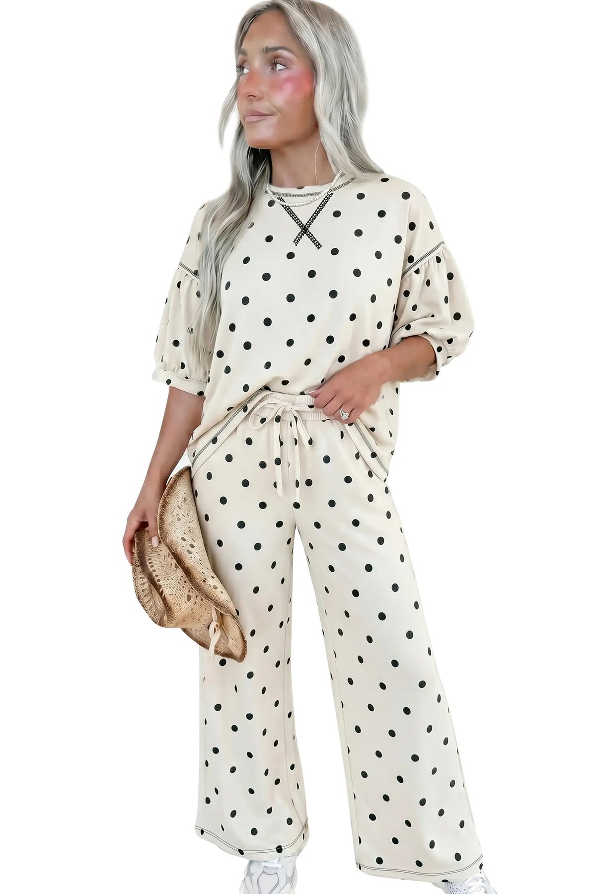 Polka Dot Half Sleeve Loose Top Elastic Waist Casual Pants Set – Beige