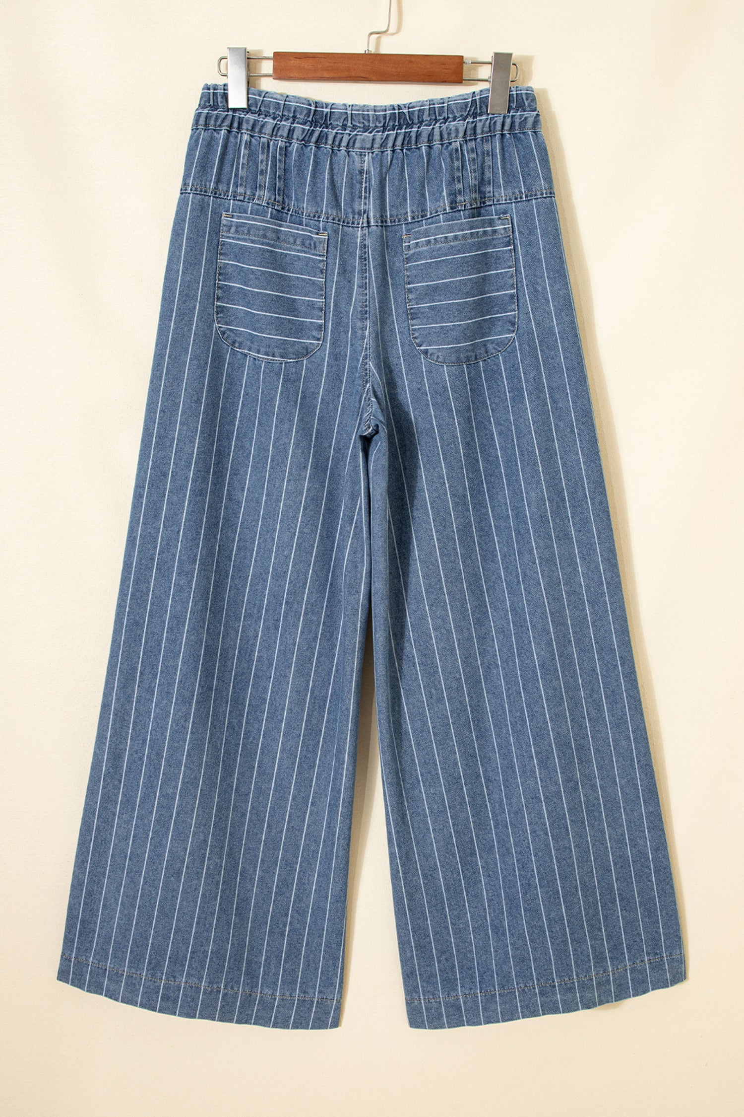 Stripe Button Pleated Drawstring Waist Wide Leg Jeans - Bottoms/Jeans/WideLeg