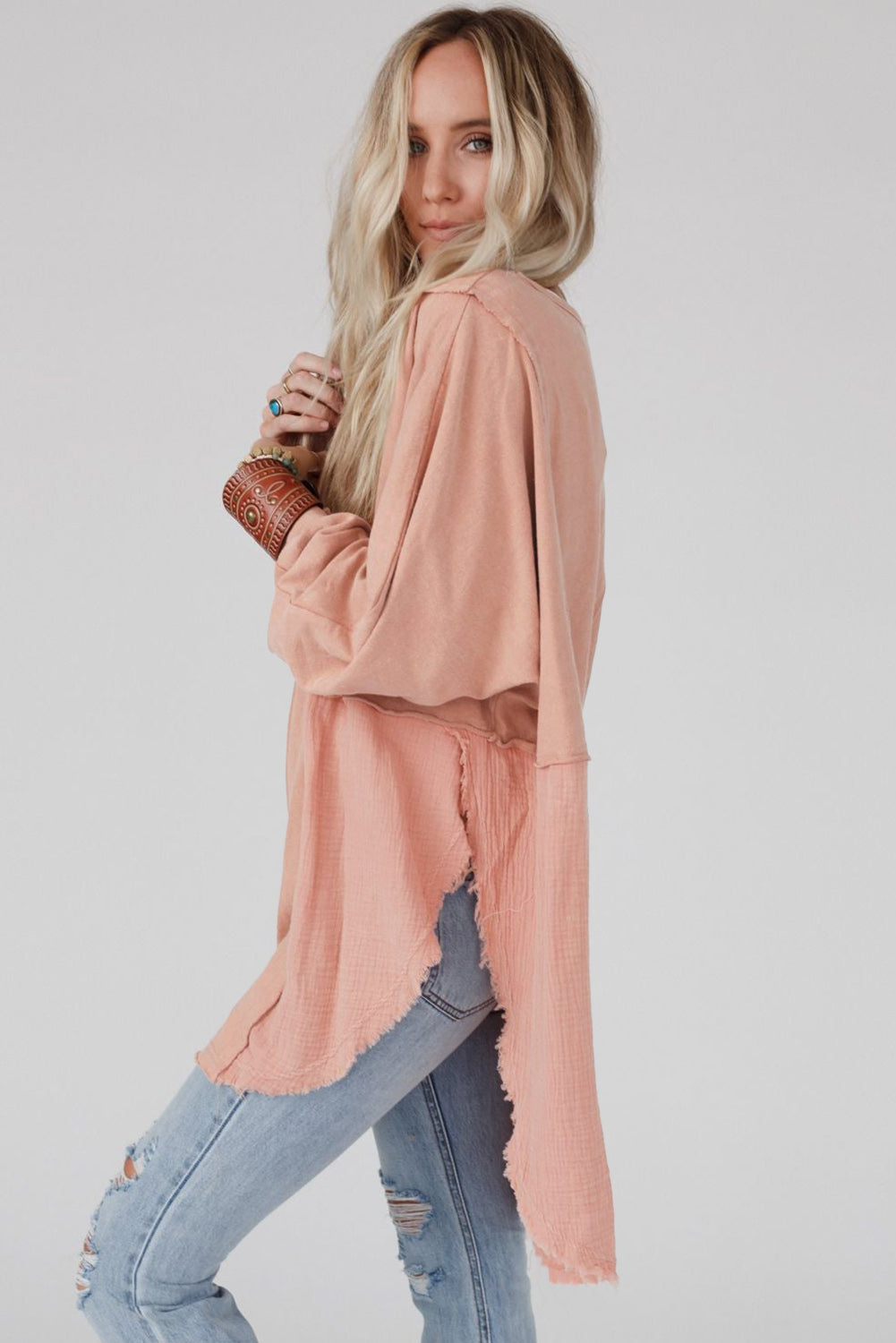 Camel Crinkle Splicing Raw Hem High Low Oversized Blouse eAura