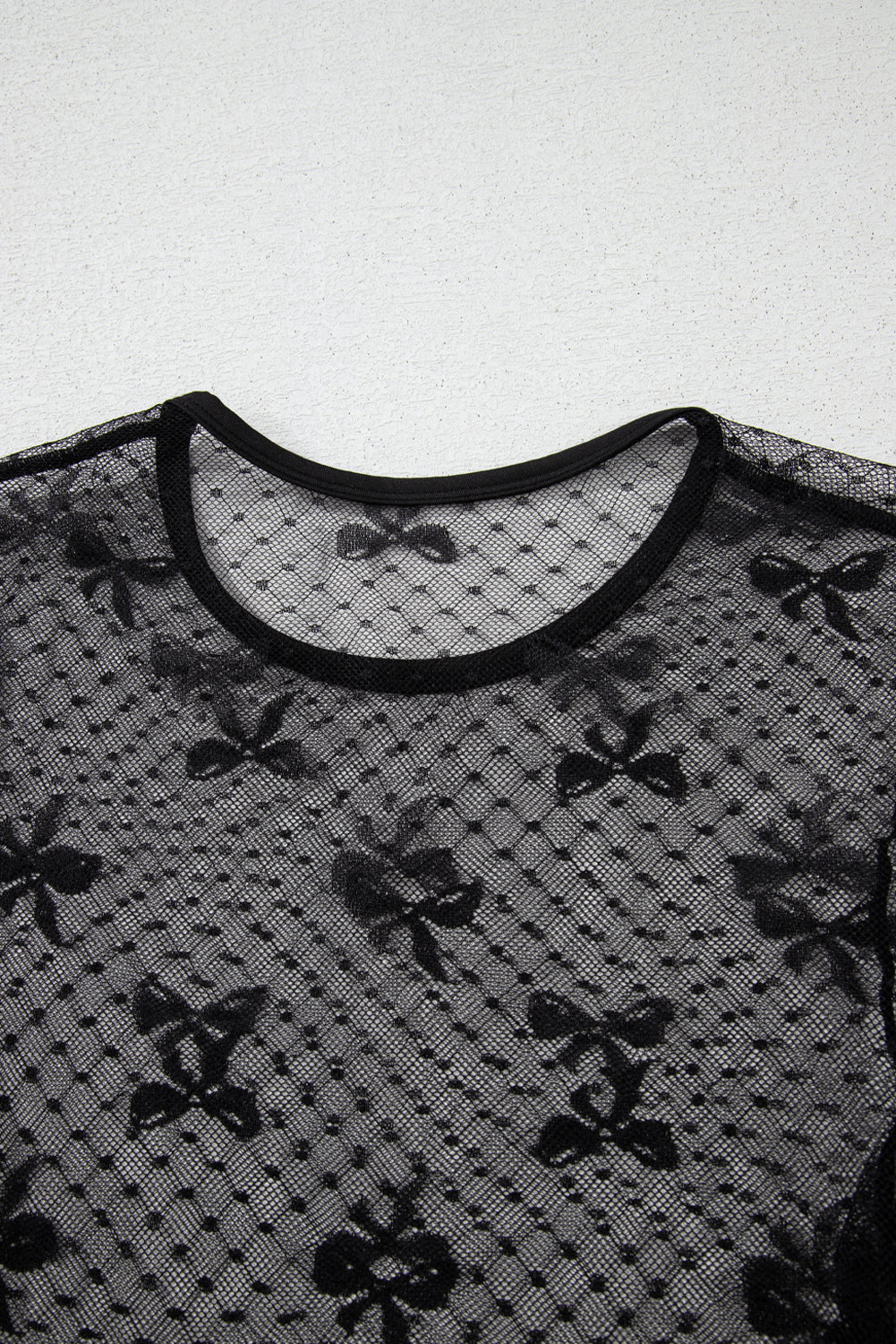 Black Bow Pattern Accent Mesh Long Sleeve Top eAura