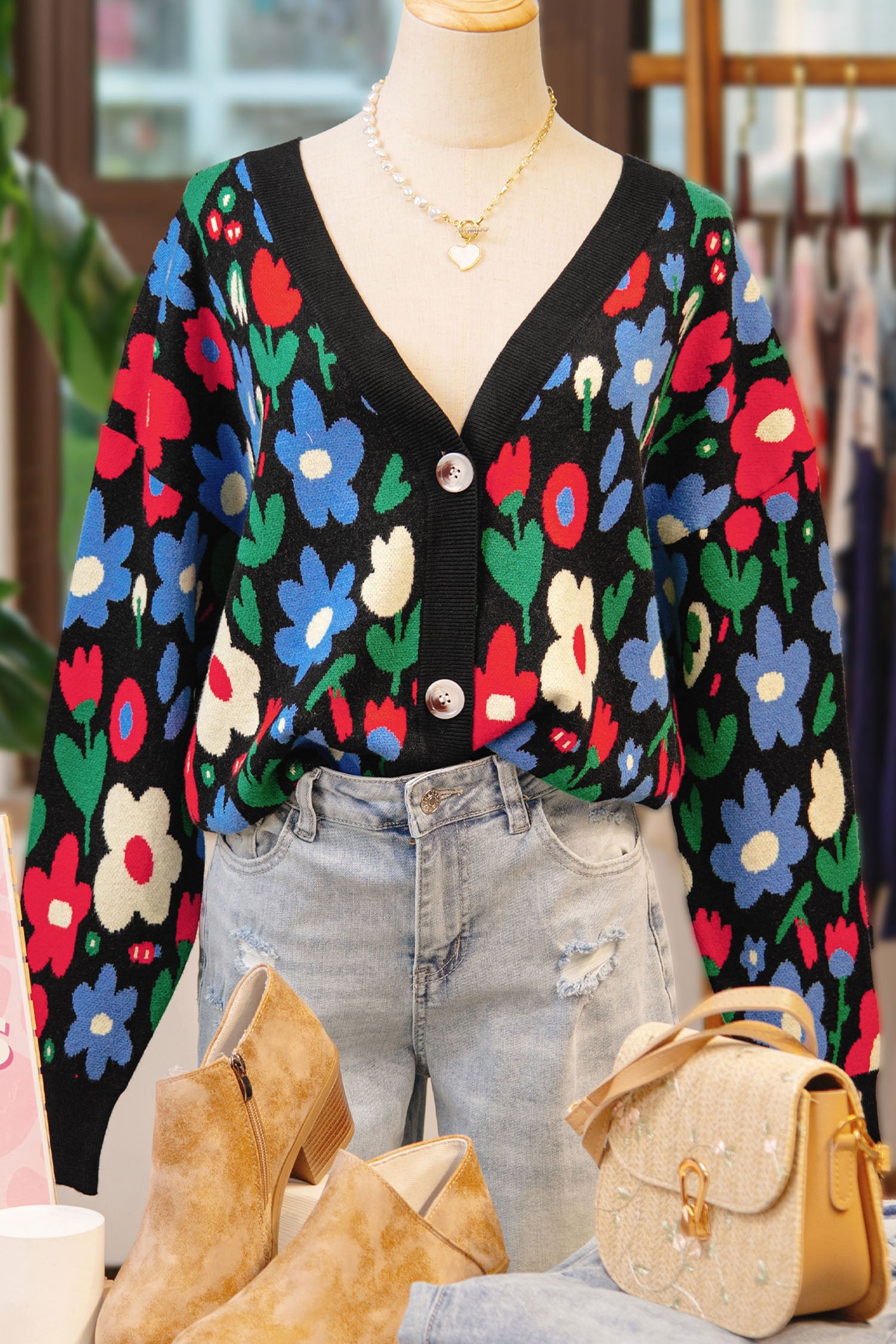 Floral Print V-Neck Buttoned Short Cardigan Sweater