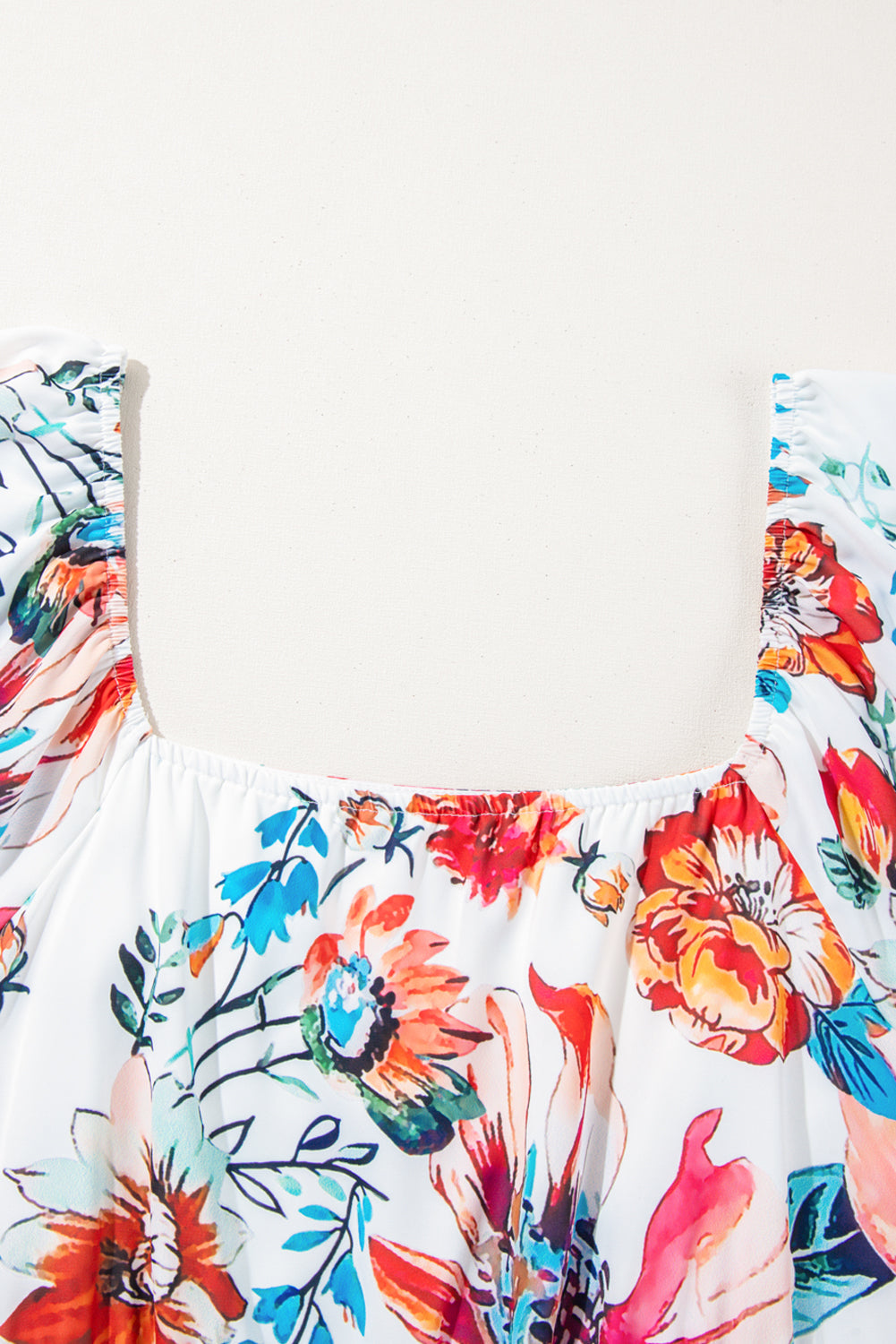 White Floral Square Neck Puff Sleeve Flowy Plus Size Midi Dress BB Fashion Outlet