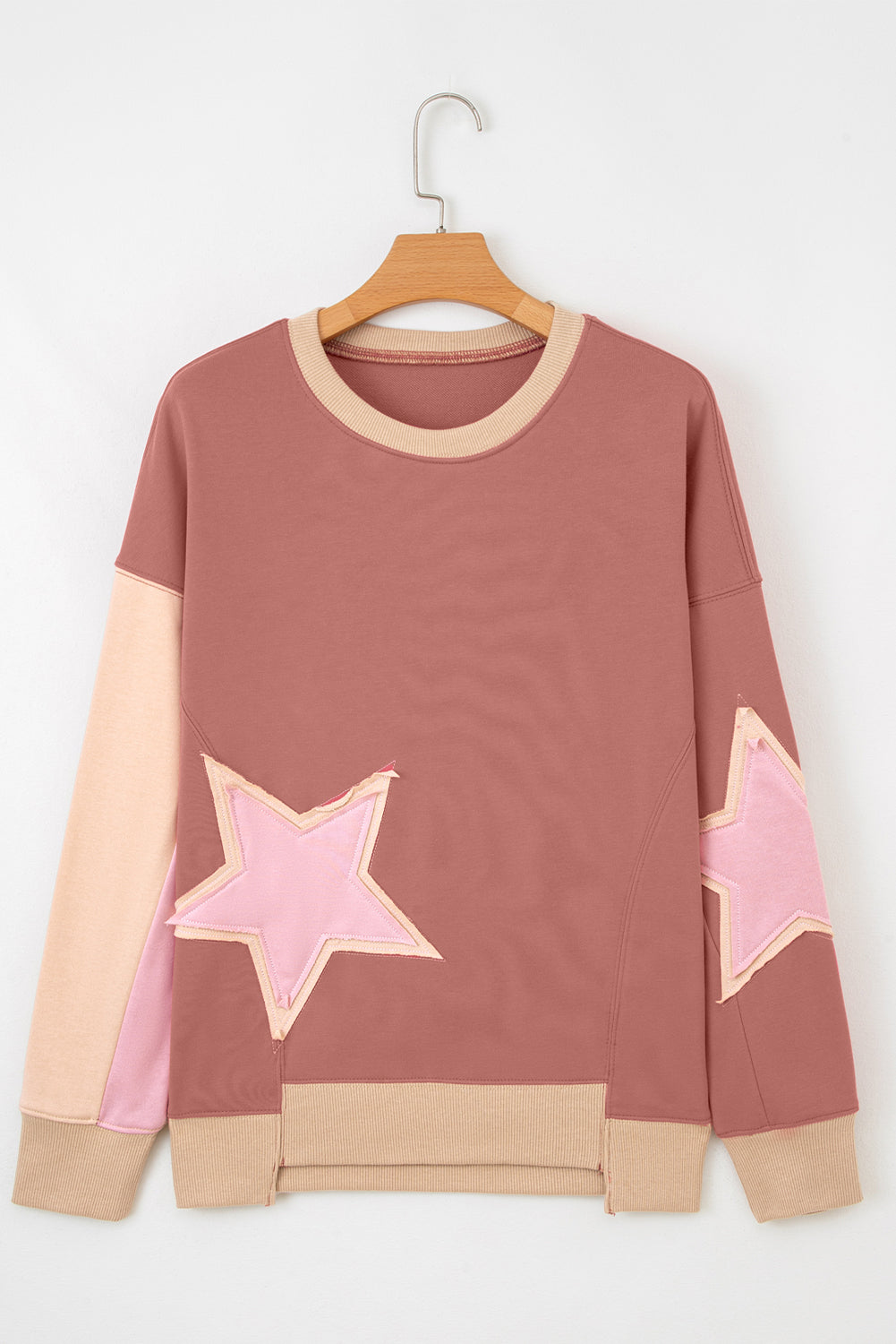 Contrast Star Patchwork Exposed Seam Uneven Hem Drop Shoulder Sweatshirt - eAura