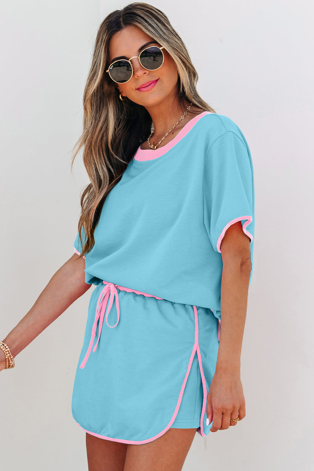 Turquoise Colourblock Edge Drop Shoulder T Shirt and Skirt Co-ord eAura