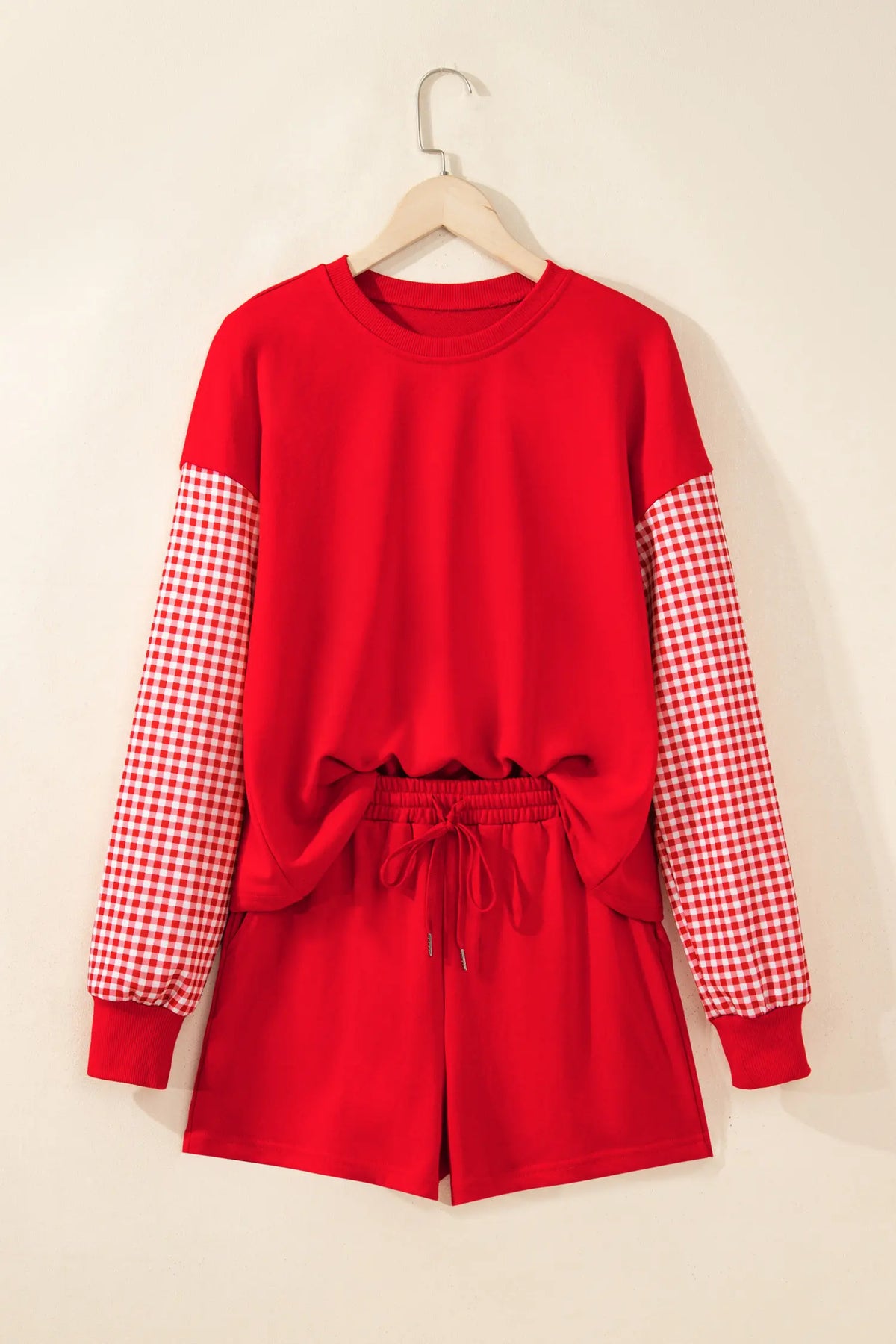 Plaid Patchwork Long Sleeve Top Solid Drawstring Shorts Set – Red