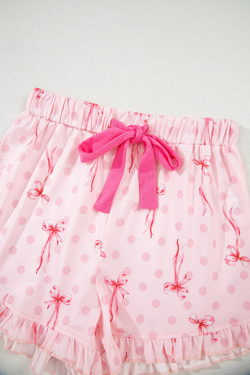 Pink Bow Print Contrast Pipping Short Pyjamas Set eAura