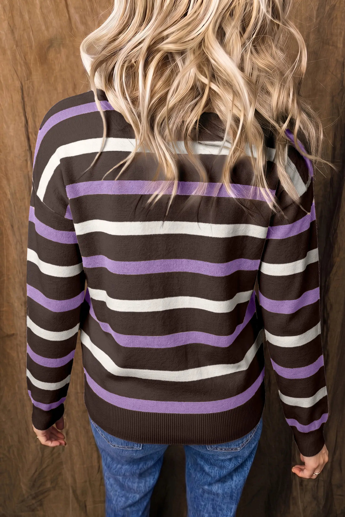 Embroidered Detail Drop Shoulder Pullover Sweater – Brown Stripe