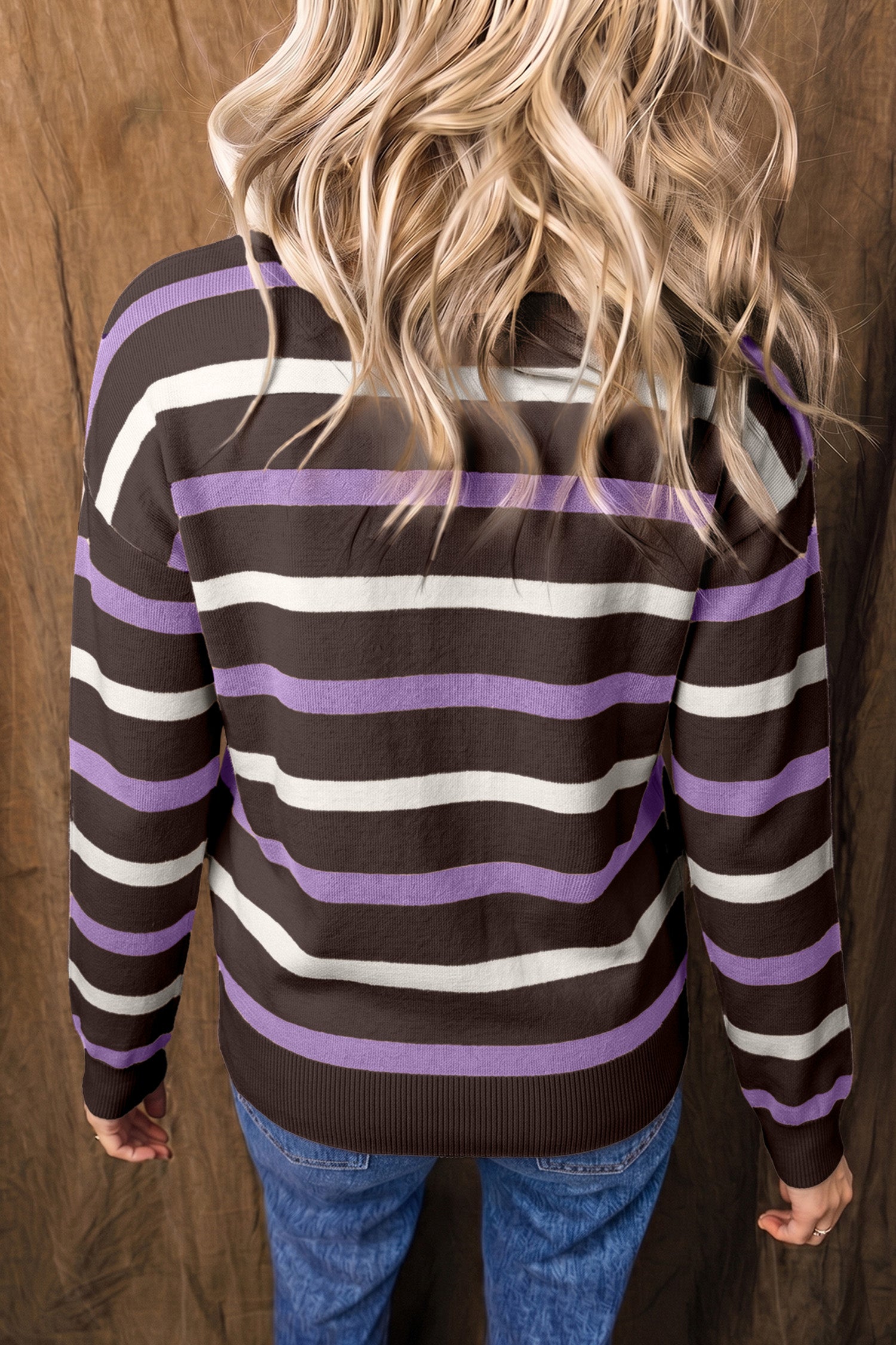 Embroidered Detail Drop Shoulder Pullover Sweater – Brown Stripe