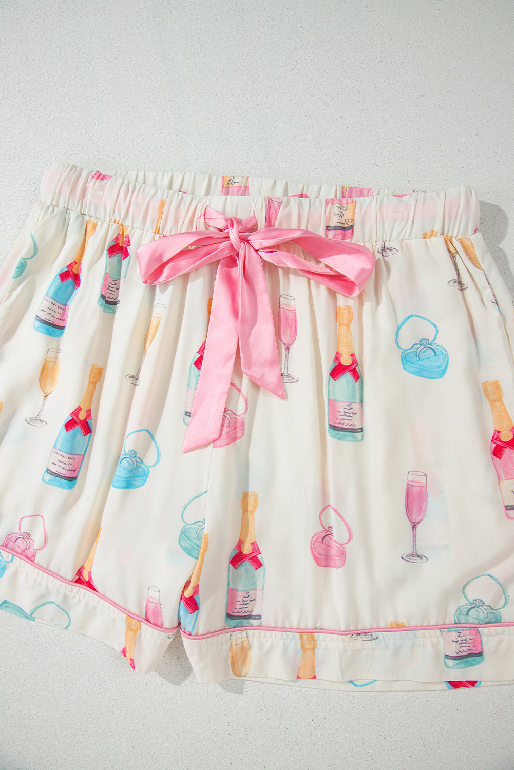 White Christmas Wine Glass Print Bow Knot Two Piece Pyjama Set - eAura