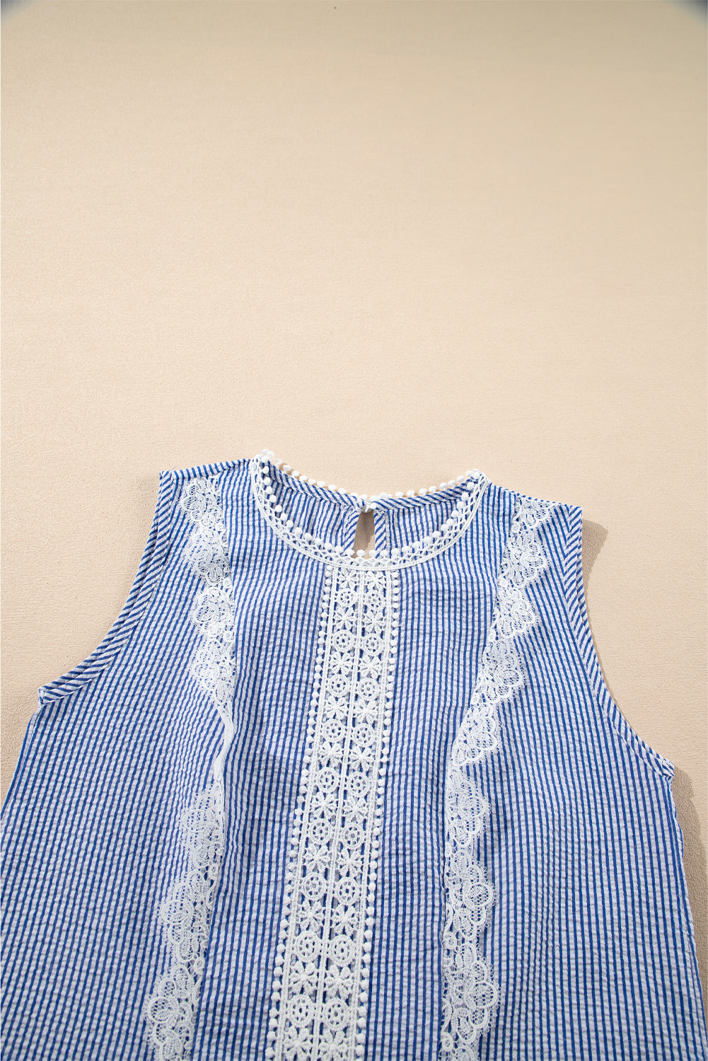 Sky Blue Stripe Lace Patchwork Crew Neck Tank Top eAura