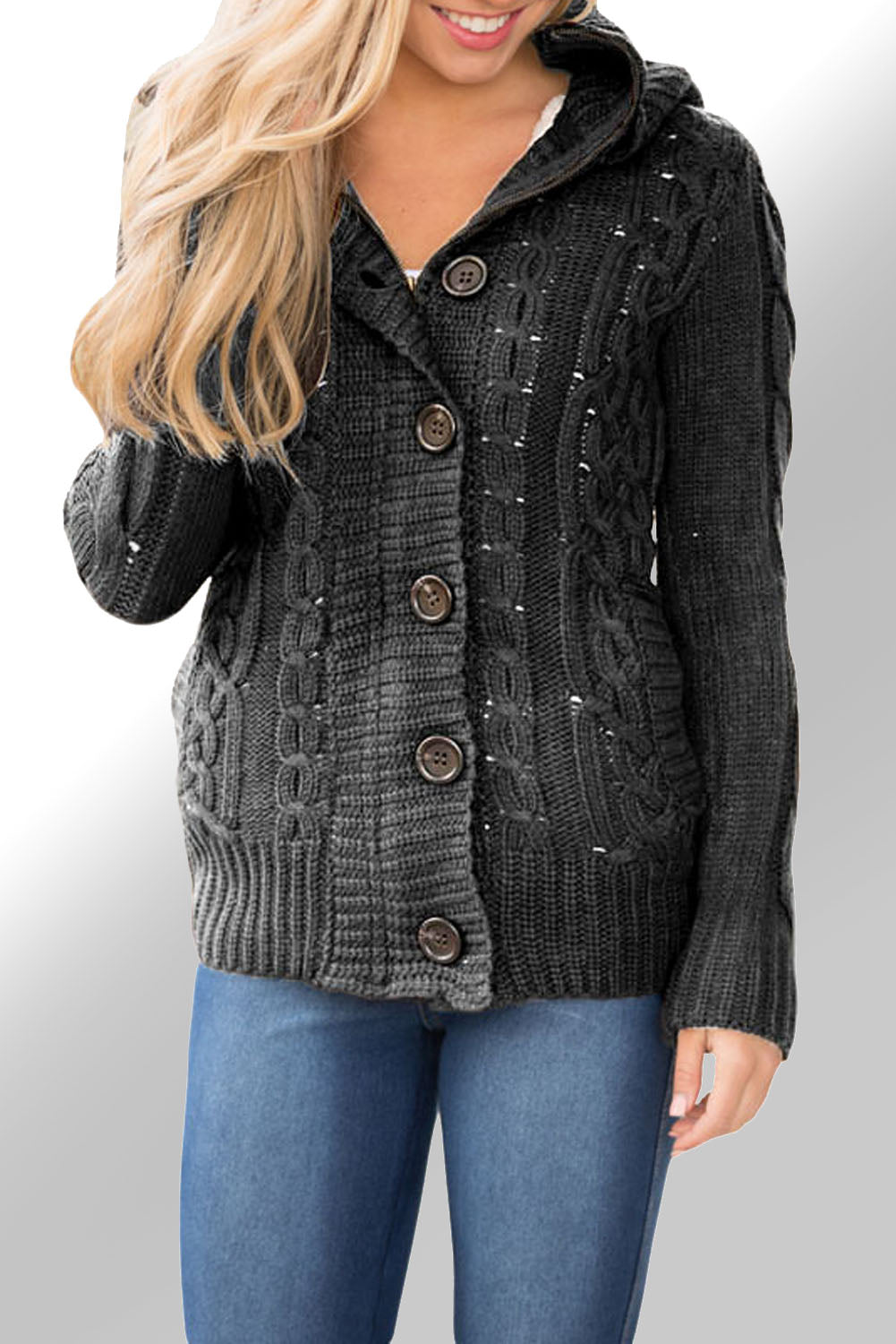 Dark Grey Long Sleeve Button-up Hooded Cardigans eAura