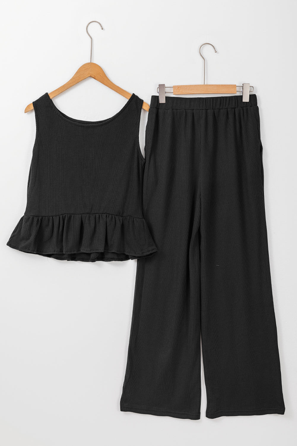Duffel Green Solid Colour Ribbed Ruffle Tank Top and Trousers Set eAura