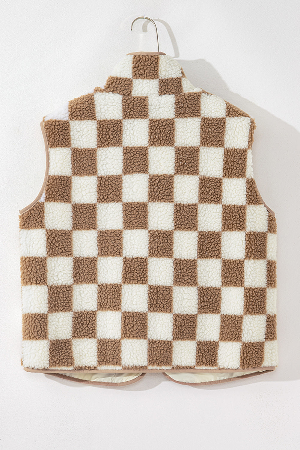Khaki Checkered Sherpa Collared Jacket Vest - eAura