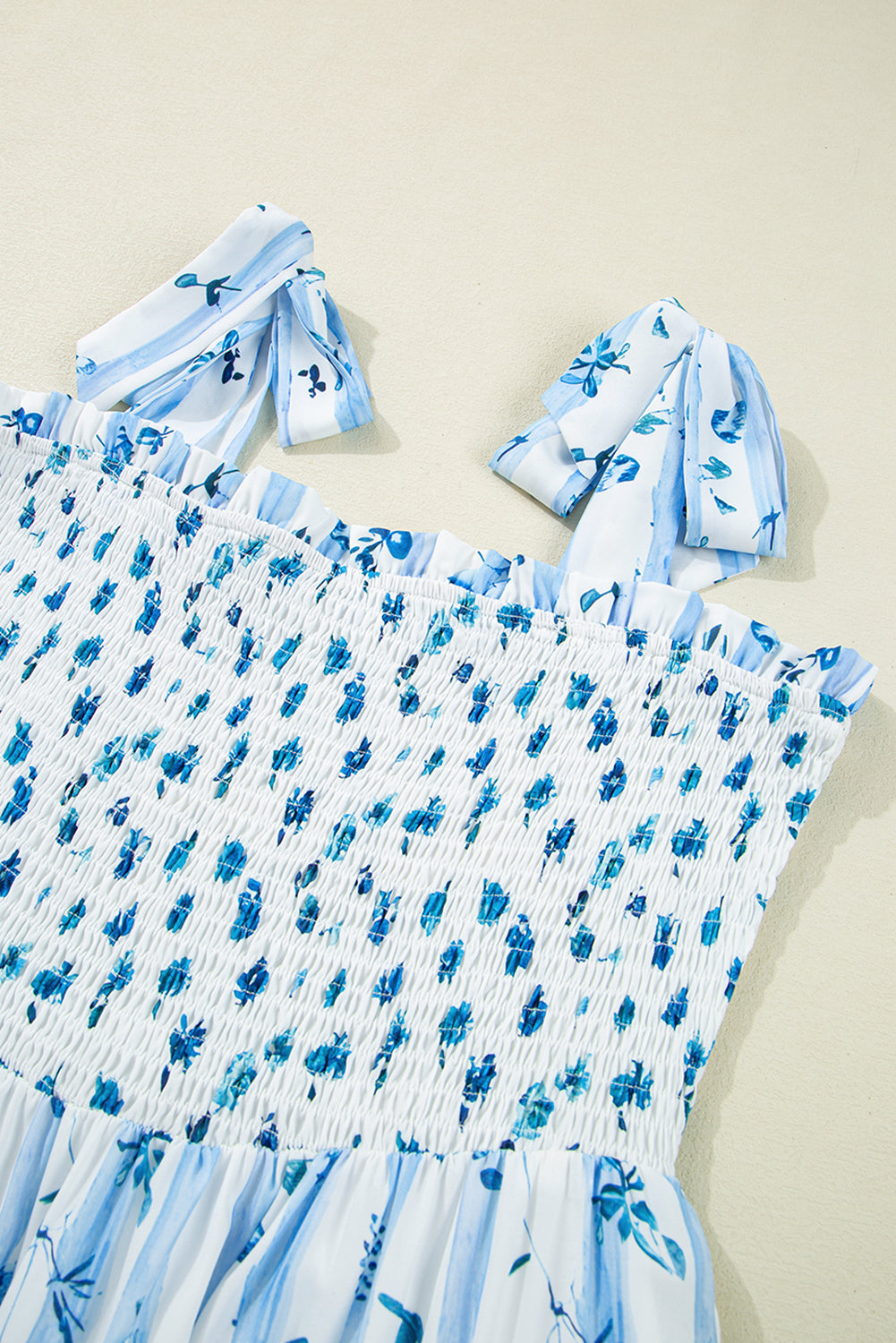 Sky Blue Floral Smocked Tied Straps A-Lined Tiered Maxi Dress eAura