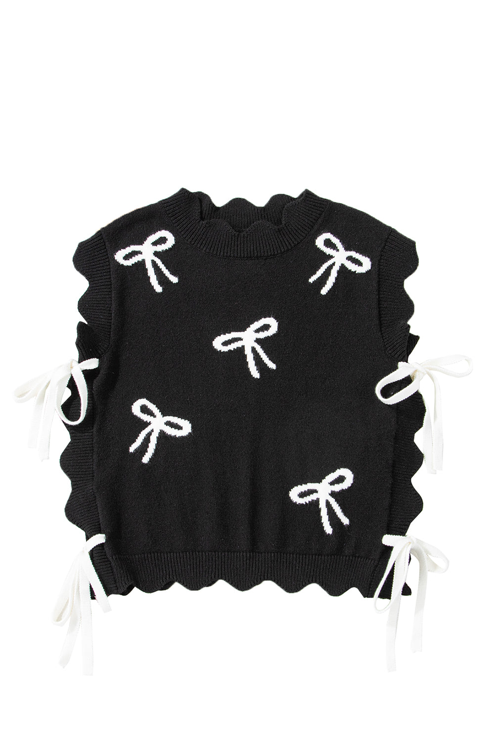 Black Bow Print Side Ties Scalloped Hem Sweater eAura