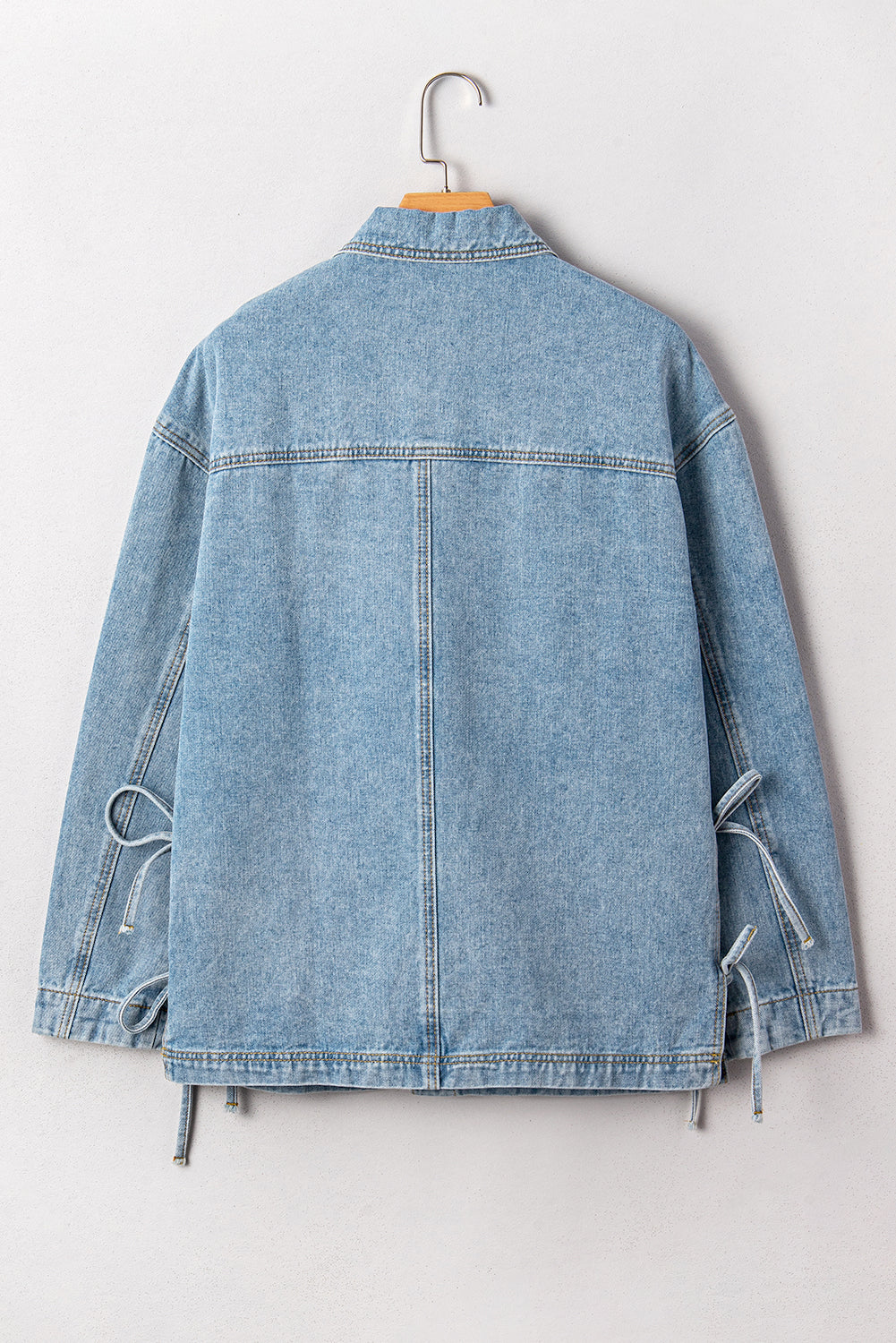 Beau Blue Multi Patched Pockets Side Tie up Boyfriend Style Denim Jacket eAura