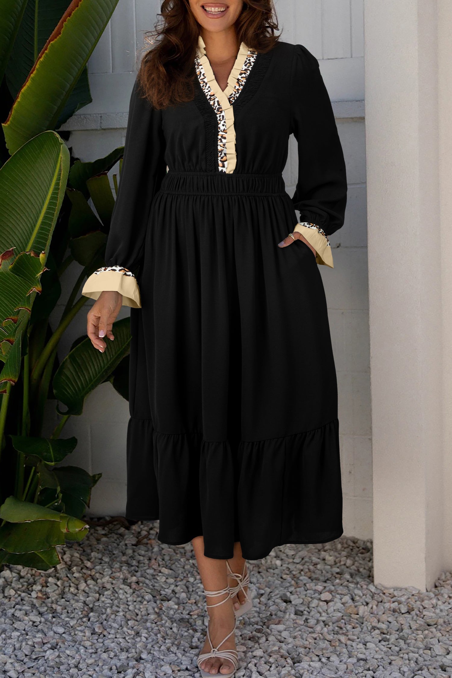 Contrast Leopard Frilled Trim V Neck Bracelet Sleeve Midi Dress - eAura