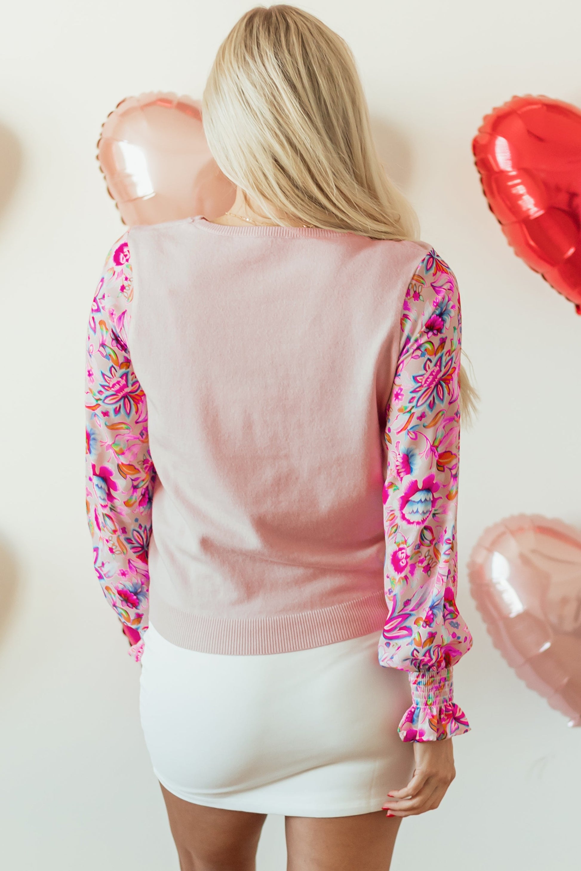 Oatmeal Floral Printed Patchwork Smocked Lantern Sleeve Knit Top eAura