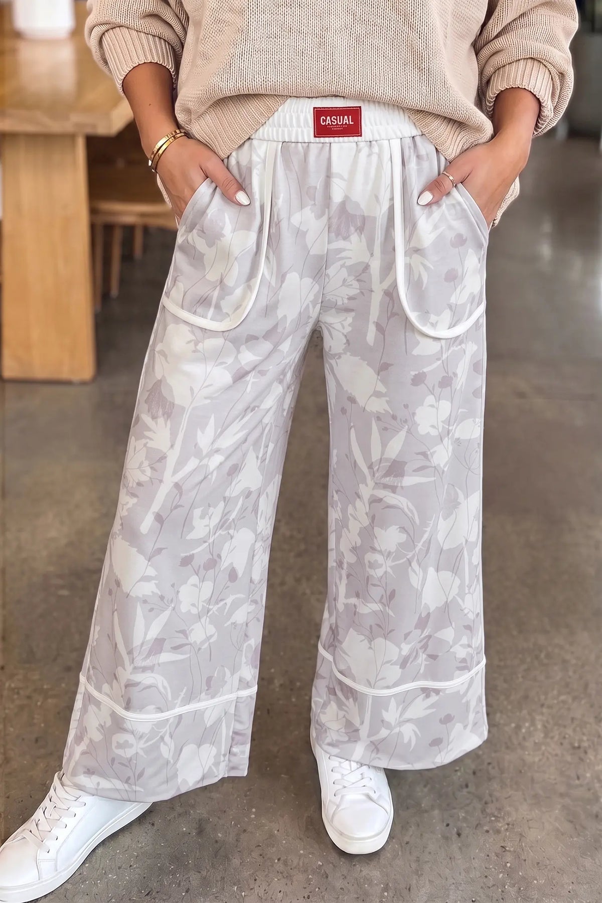 Floral Print Wide Leg Ankle-Length Elastic Waistband Pants – Grey