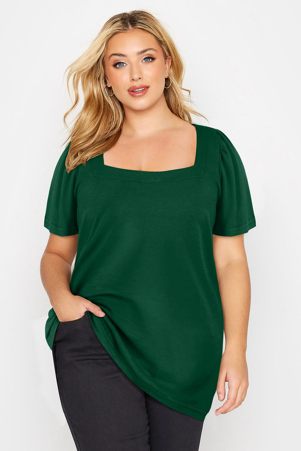 Green Plus Size Square Neck Ruched Shoulder Short Sleeve Top BB Fashion Outlet