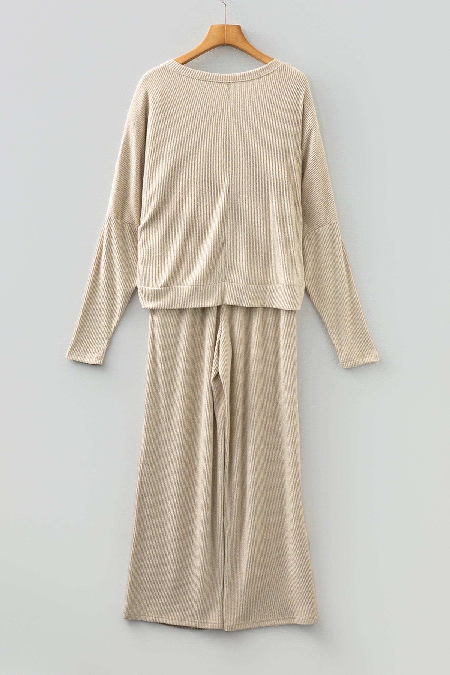 Jet Stream 3D Ribbed V Neck Pullover Drawstring Pants 2 Piece Lounge Set – Cream