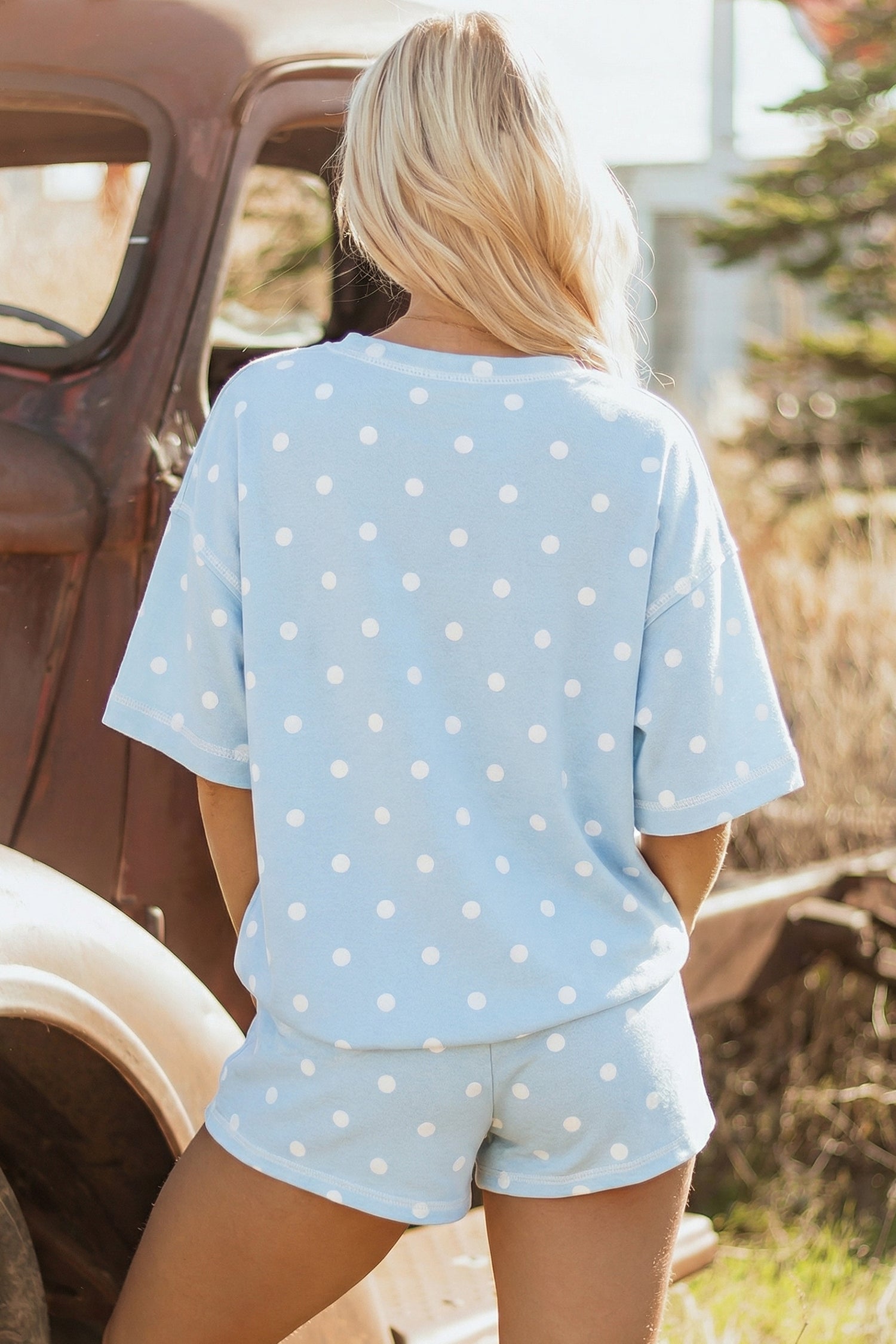 Exposed Seam Detail Polka Dot Loose Tee Drawstring Shorts Set – White