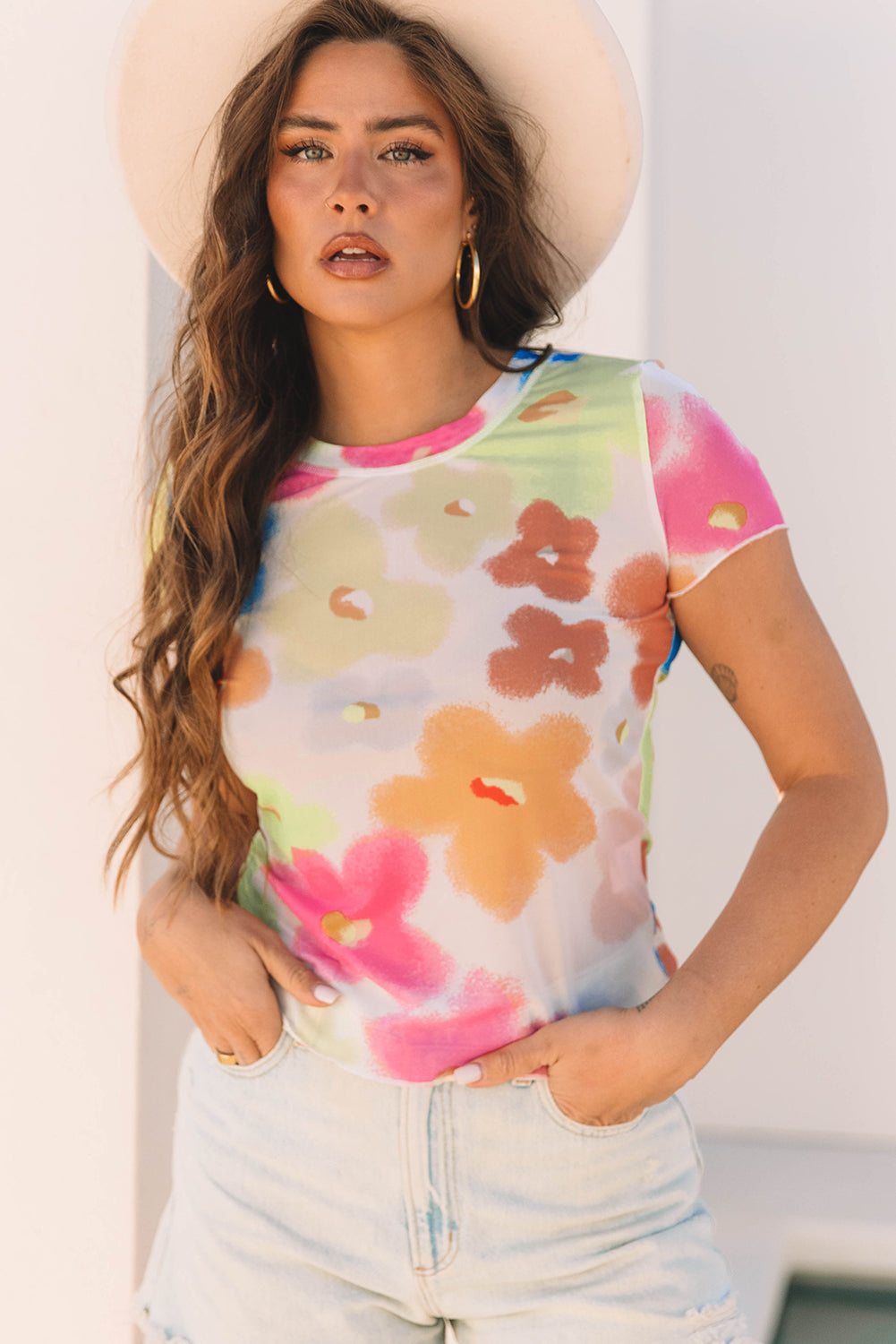 Multicolour Floral Mesh Lettuce Trim Cropped T Shirt eAura