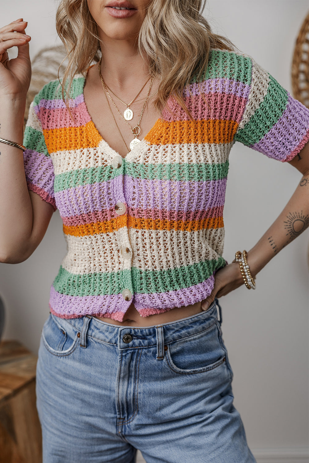 Orange Colourblock Striped Pointelle Knit V Neck Buttoned Crop Short Sleeve Sweater eAura