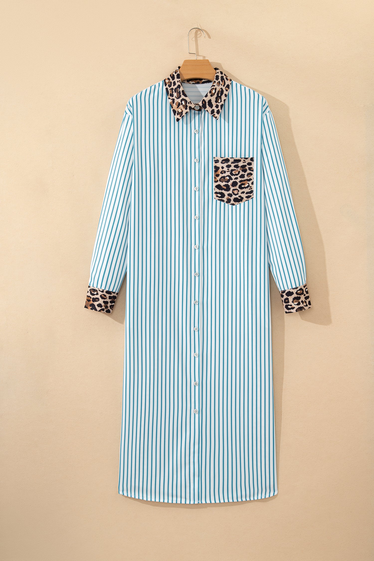 Stripe Contrast Leopard Patchwork Long Shirt Dress with Slits - Dresses/Maxi Dresses