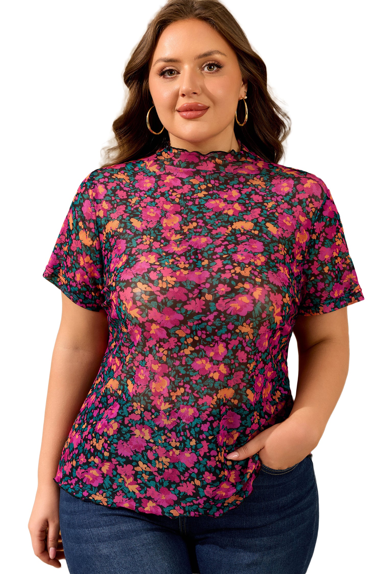 Plus Size Floral Print Sheer Mesh Short Sleeve Top – Rose