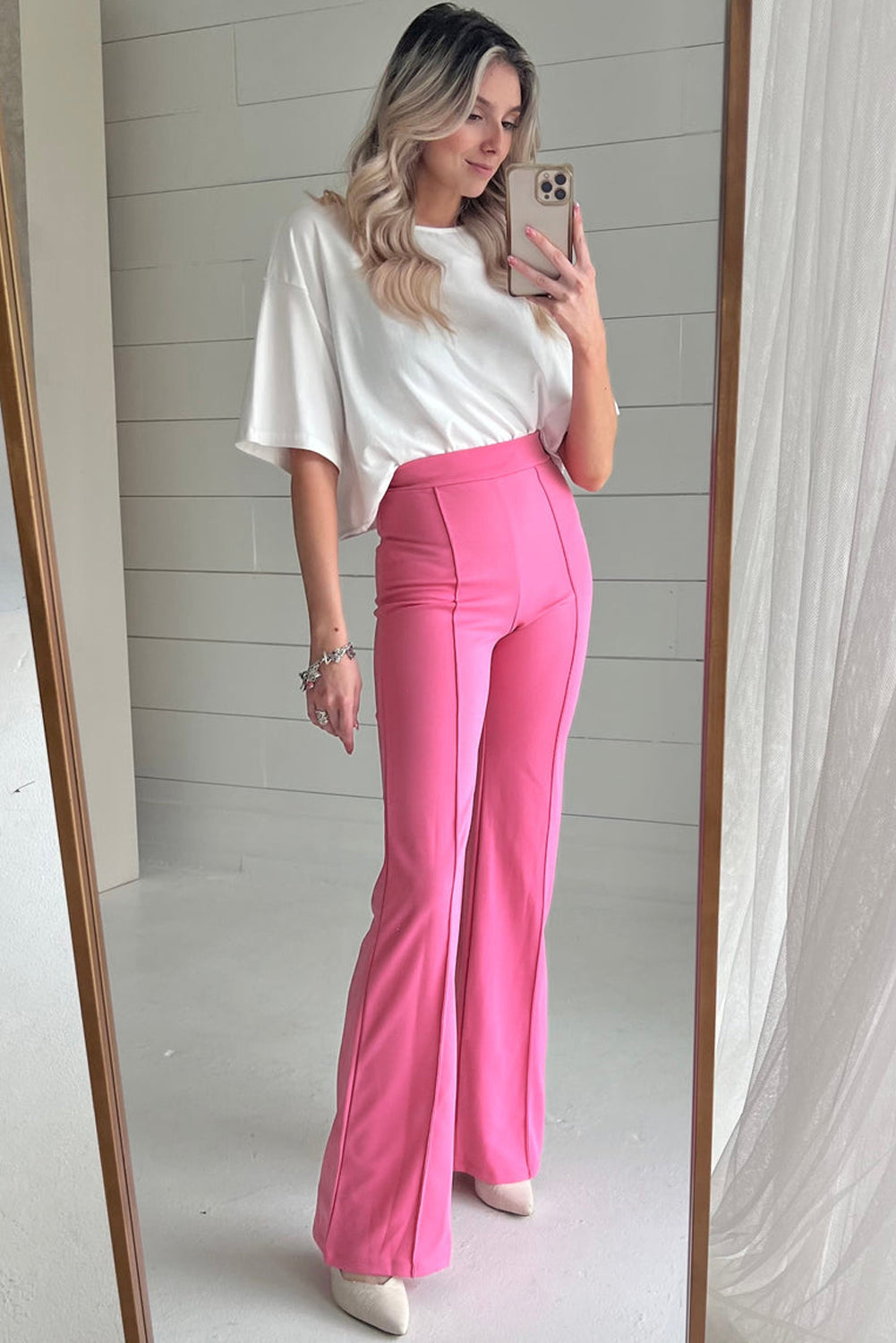 Sachet Pink High Waist Central Seam Flared Trousers Beagle Boutique Fashion Outlet